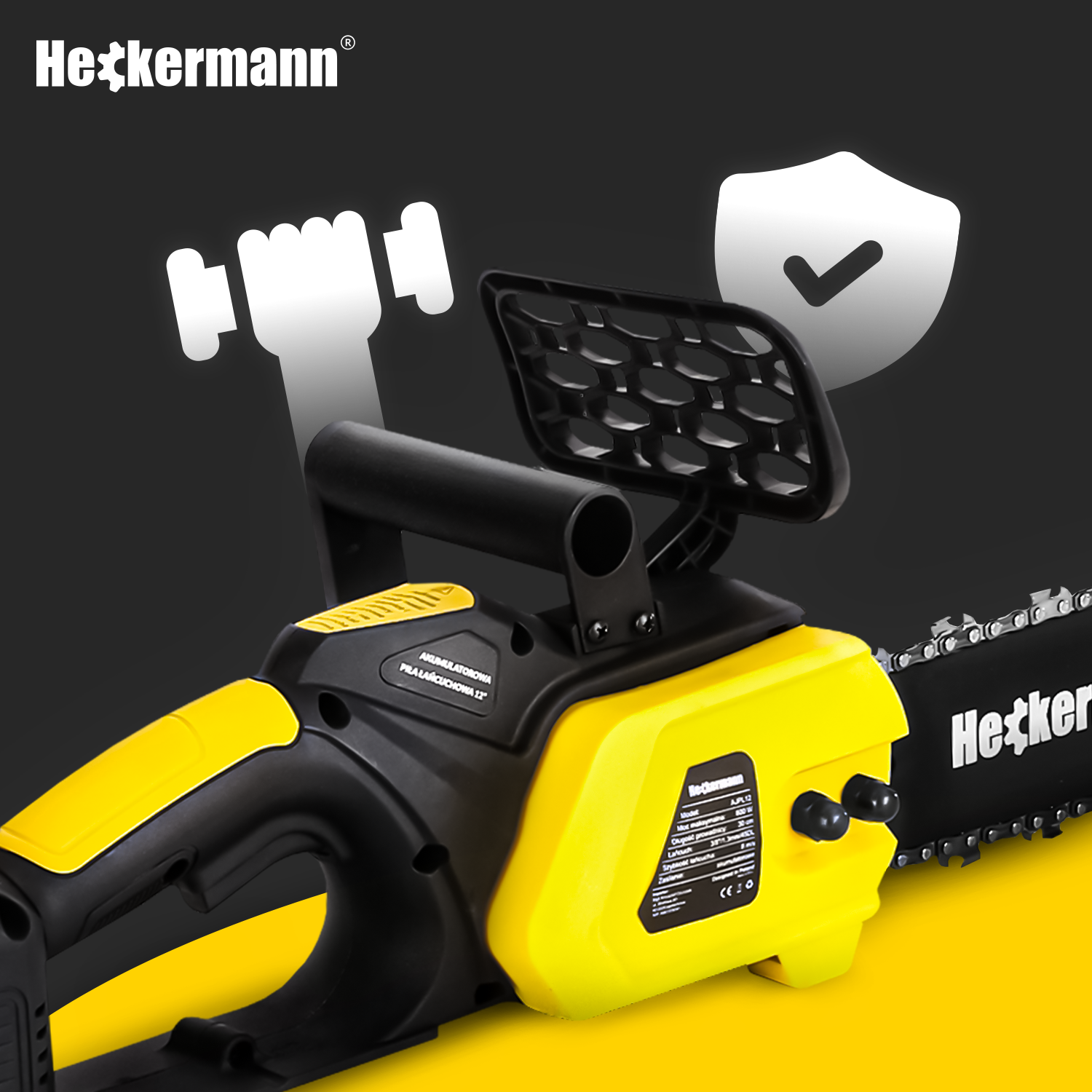 Żółta piła łańcuchowa z czarnym uchwytem i łańcuchem. Logo Heckermann.