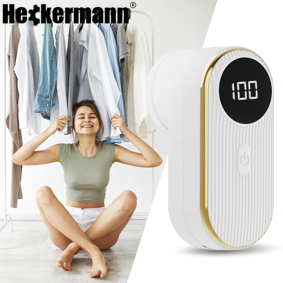 Młoda kobieta siedzi przed wieszakiem, obok golarka do tkanin.