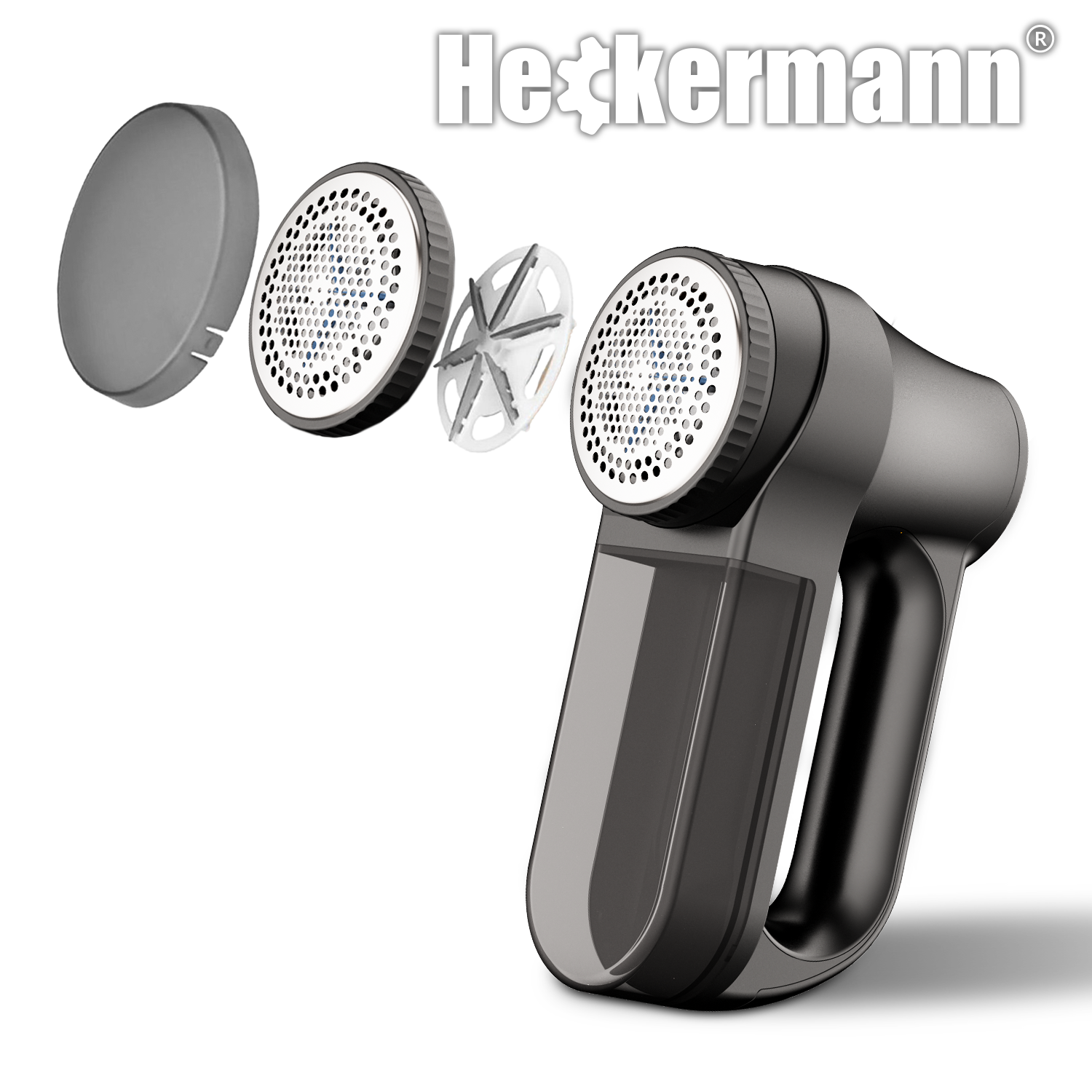 Golarka do tkanin z odpinanymi częściami: pokrywa, kratka i ostrza.