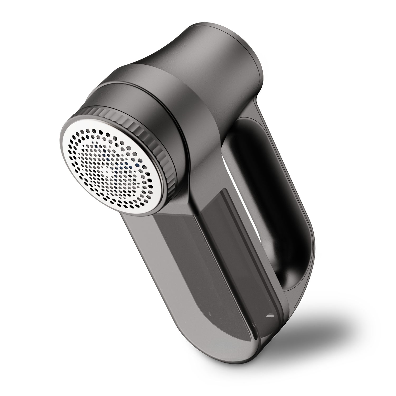 Szary golarka do tkanin z okrągłą metalową kratką i uchwytem.