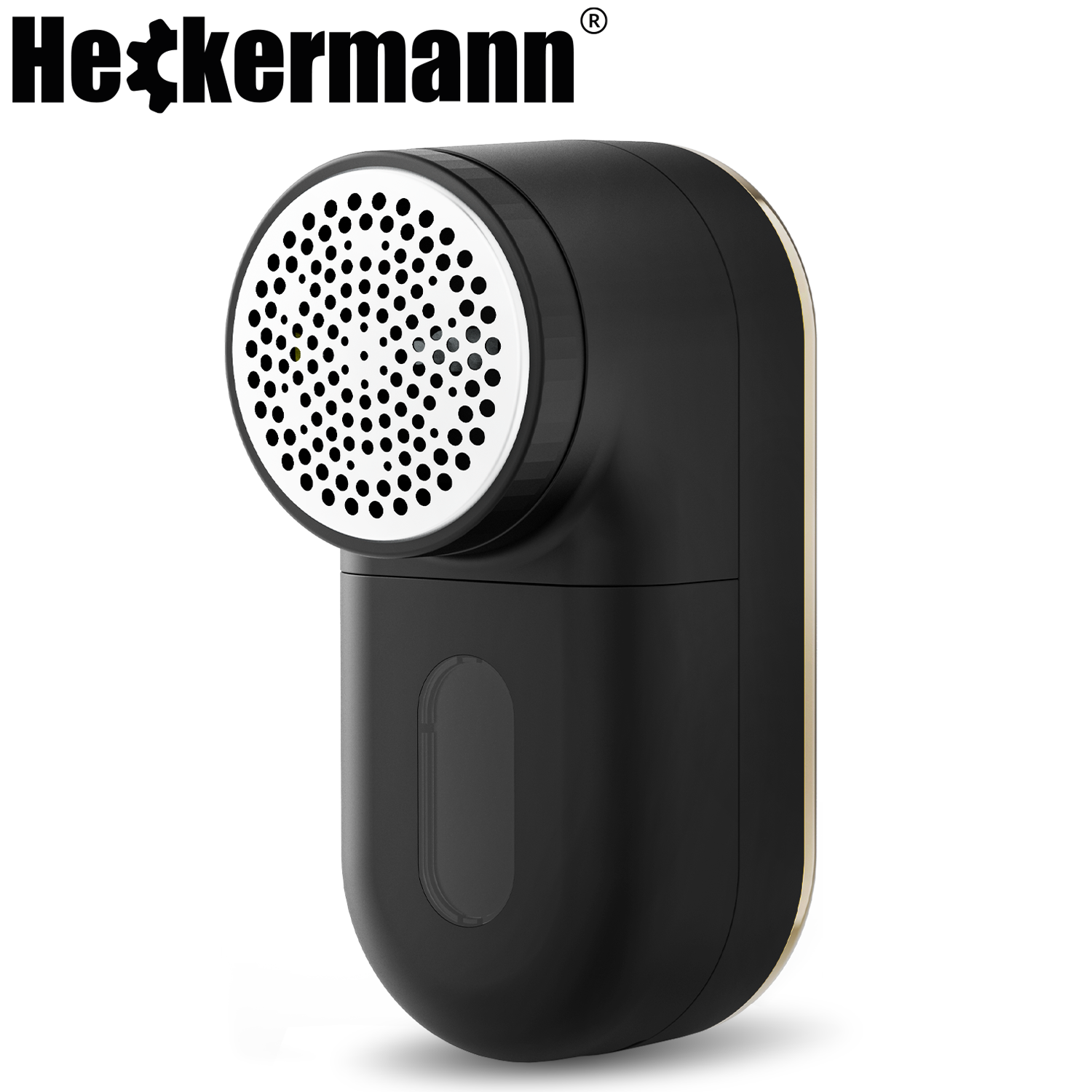 Czarna golarka do tkanin ze złotym wykończeniem i perforowaną głowicą.