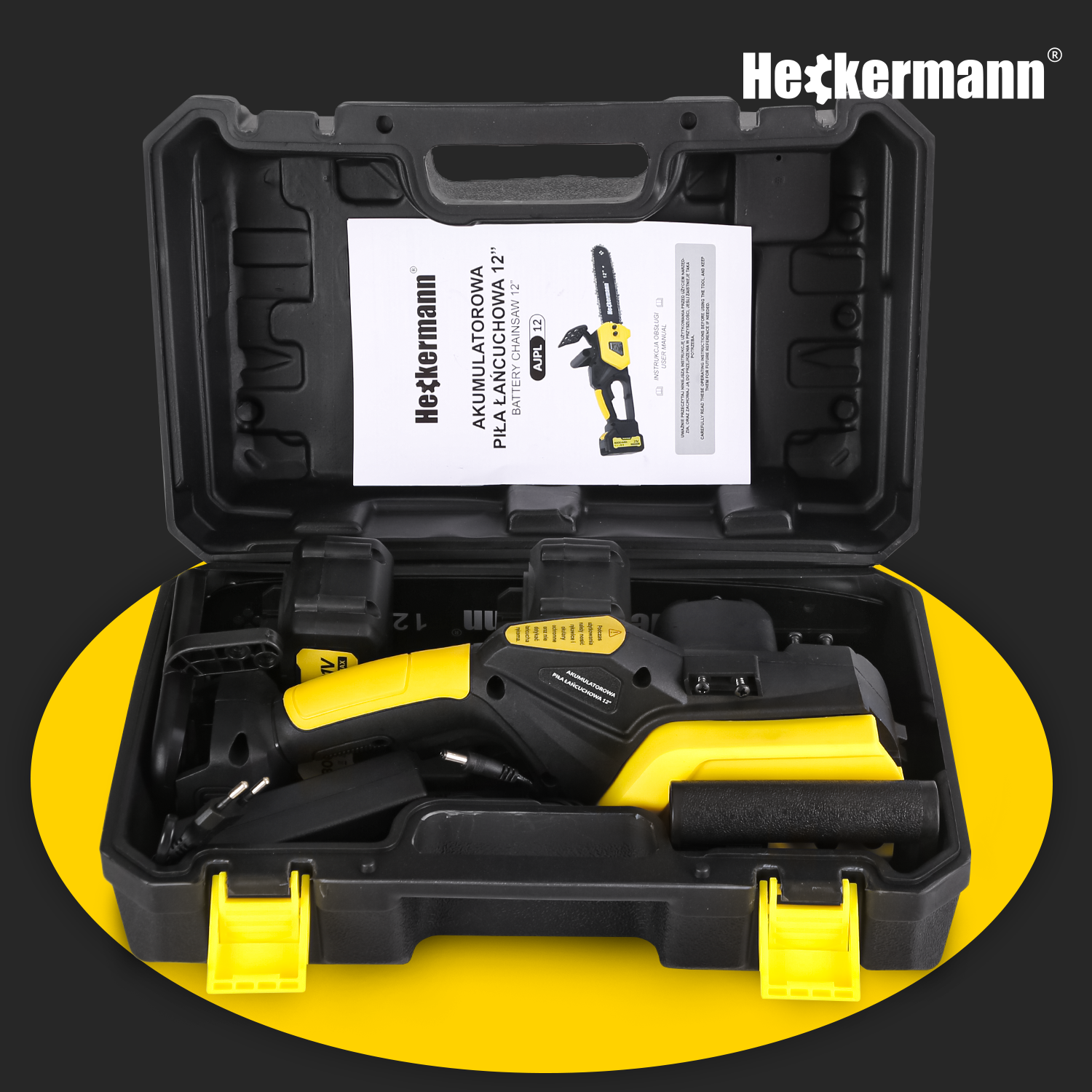 Żółto-czarna piła łańcuchowa z akcesoriami w czarnej walizce.