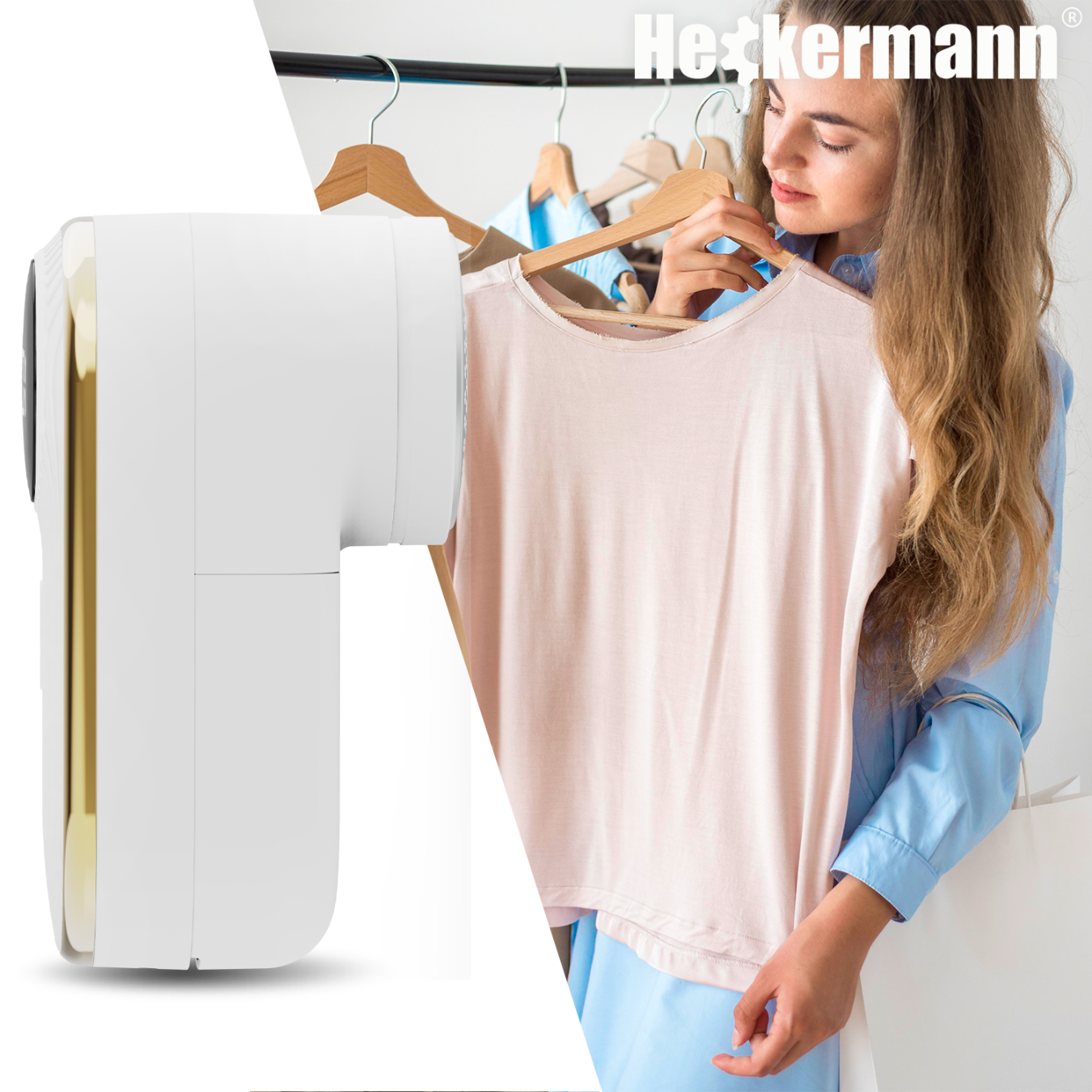 Biała golarka do tkanin obok różowej koszulki trzymanej przez kobietę.