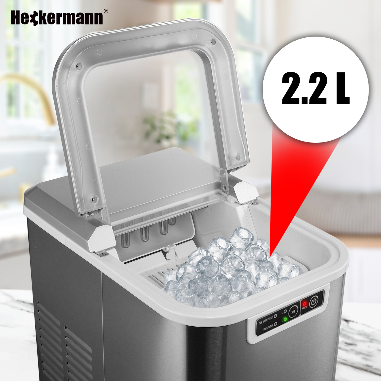 Maszyna do lodu ze stali nierdzewnej z otwartą pokrywą, wypełniona kostkami lodu. Pojemność 2,2 L.