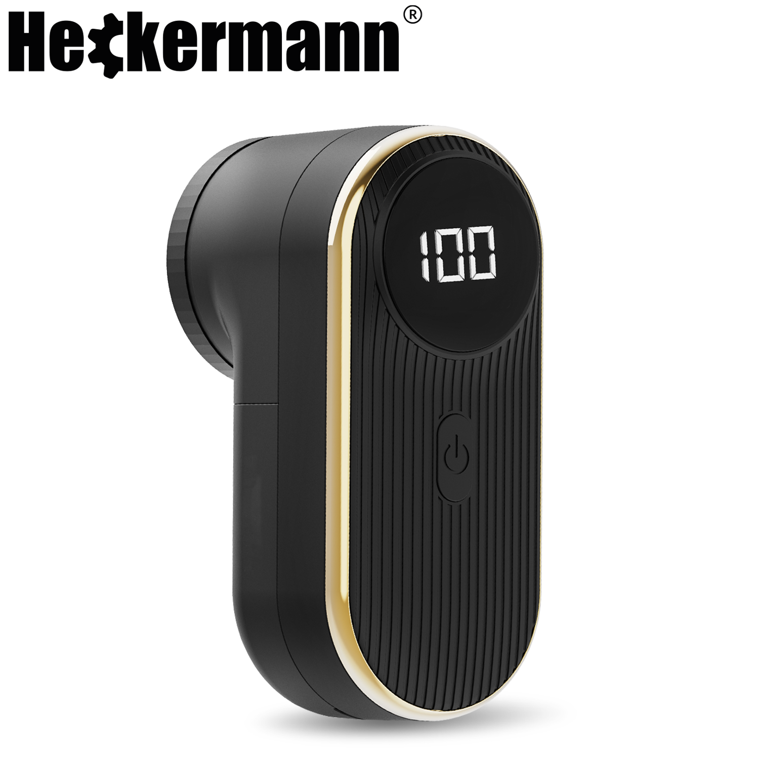 Czarna golarka do tkanin ze złotą ramką i cyfrowym wyświetlaczem.