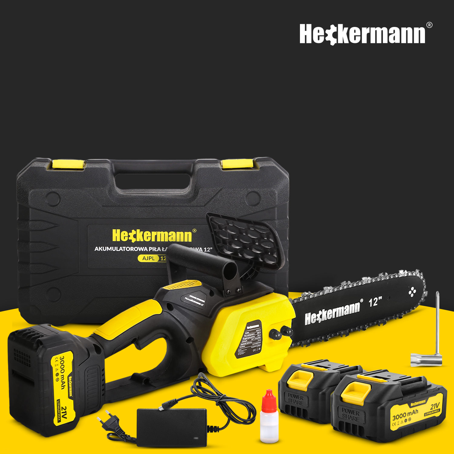 Żółto-czarna piła łańcuchowa z akumulatorami, ładowarką i walizką.