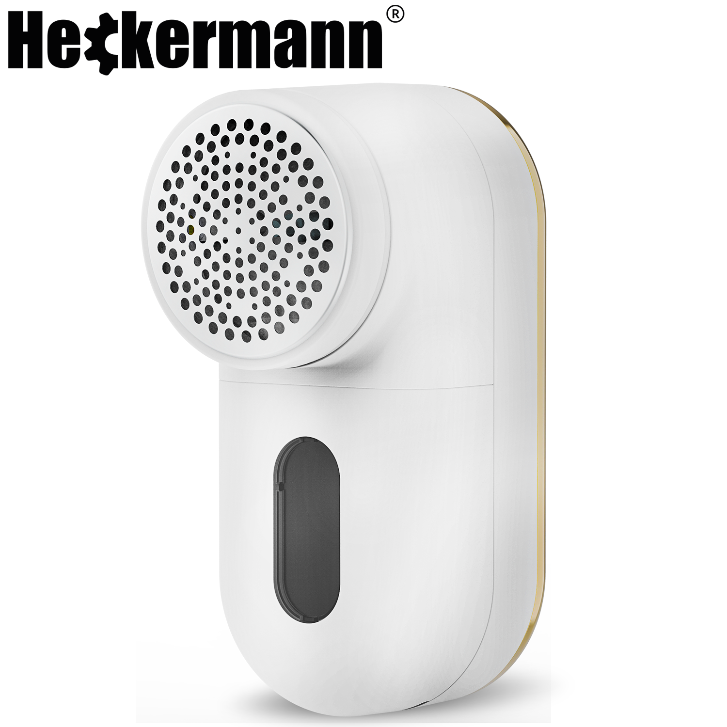 Biała golarka do tkanin ze złotym wykończeniem i przezroczystym pojemnikiem.