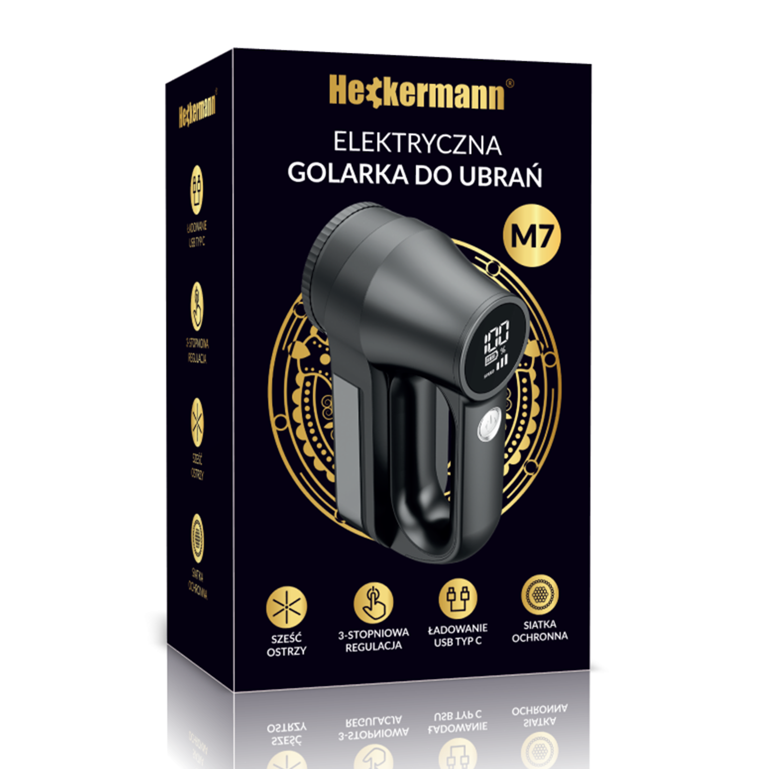 Czarny golarka do ubrań Heckermann M7 na ciemnym opakowaniu. Ładowanie USB-C.