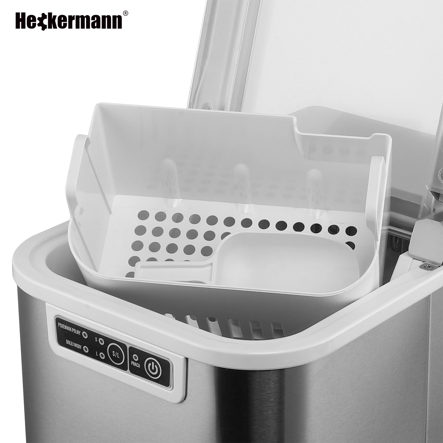 Maszyna do lodu ze stali nierdzewnej z białym wkładem i panelem sterowania.