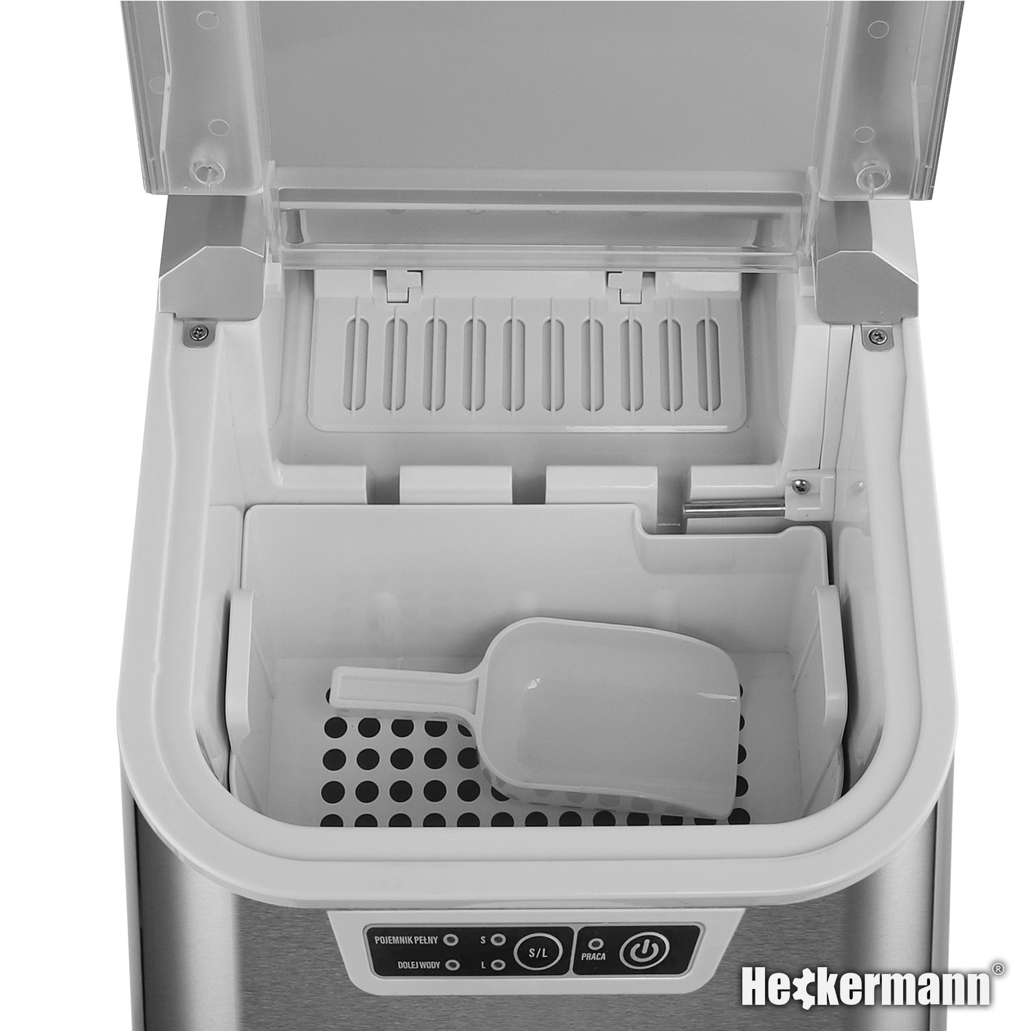 Kostkarka do lodu z otwartą pokrywą, tacką na kostki i łopatką w środku.