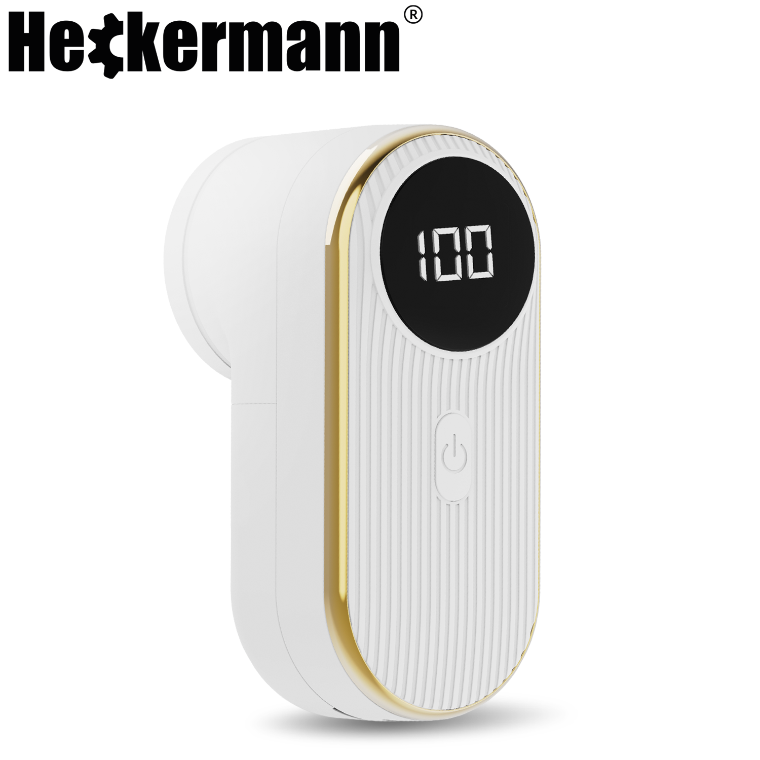 Biała golarka do tkanin z cyfrowym wyświetlaczem pokazującym 100 i przyciskiem zasilania.