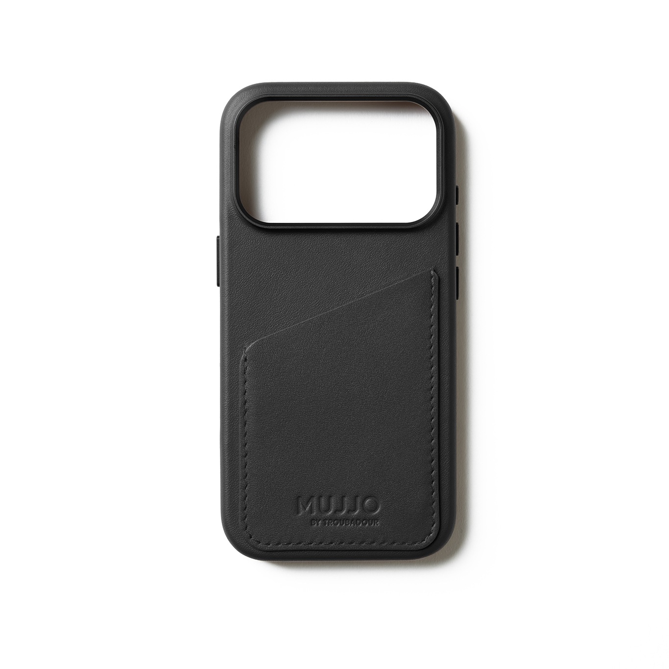 Czarne etui na iPhone z miejscem na karty i logo MUJO na białym tle.