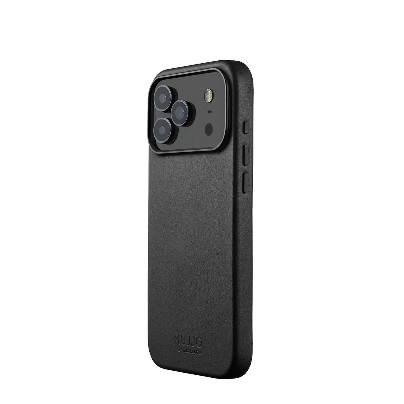 Czarne etui na telefon z trzema obiektywami i logo MUJO.