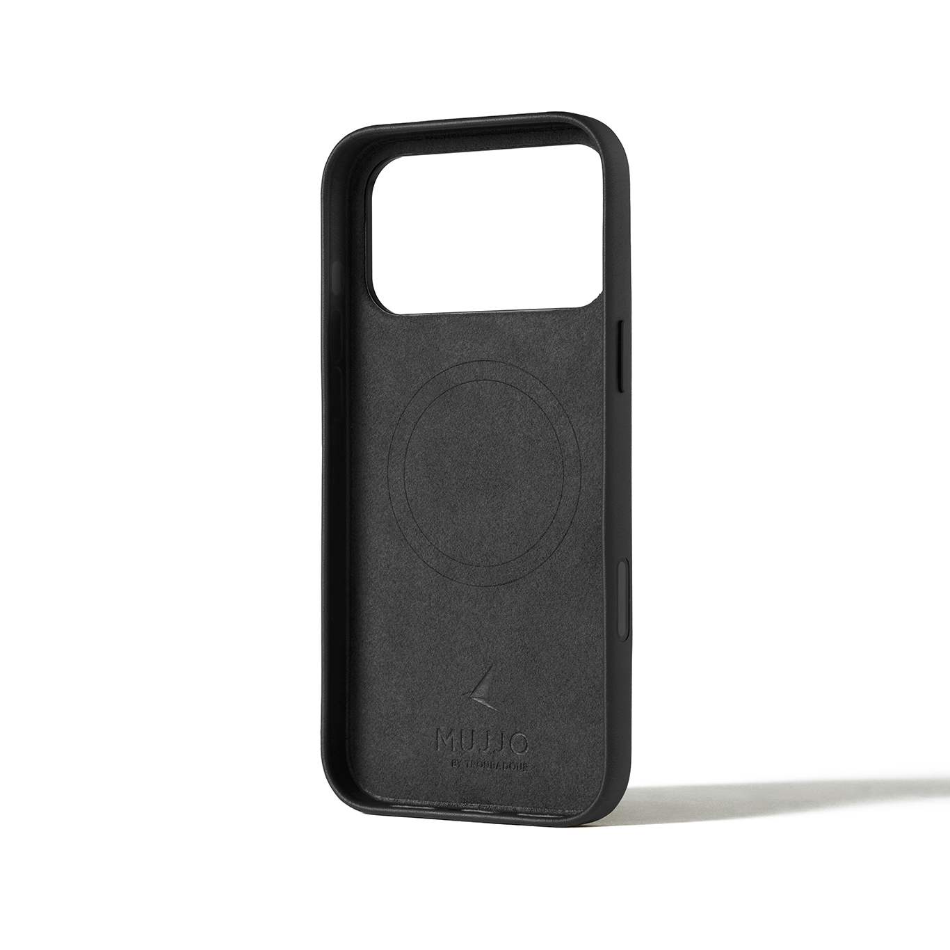 Czarne etui na telefon z okrągłym wzorem i logo.