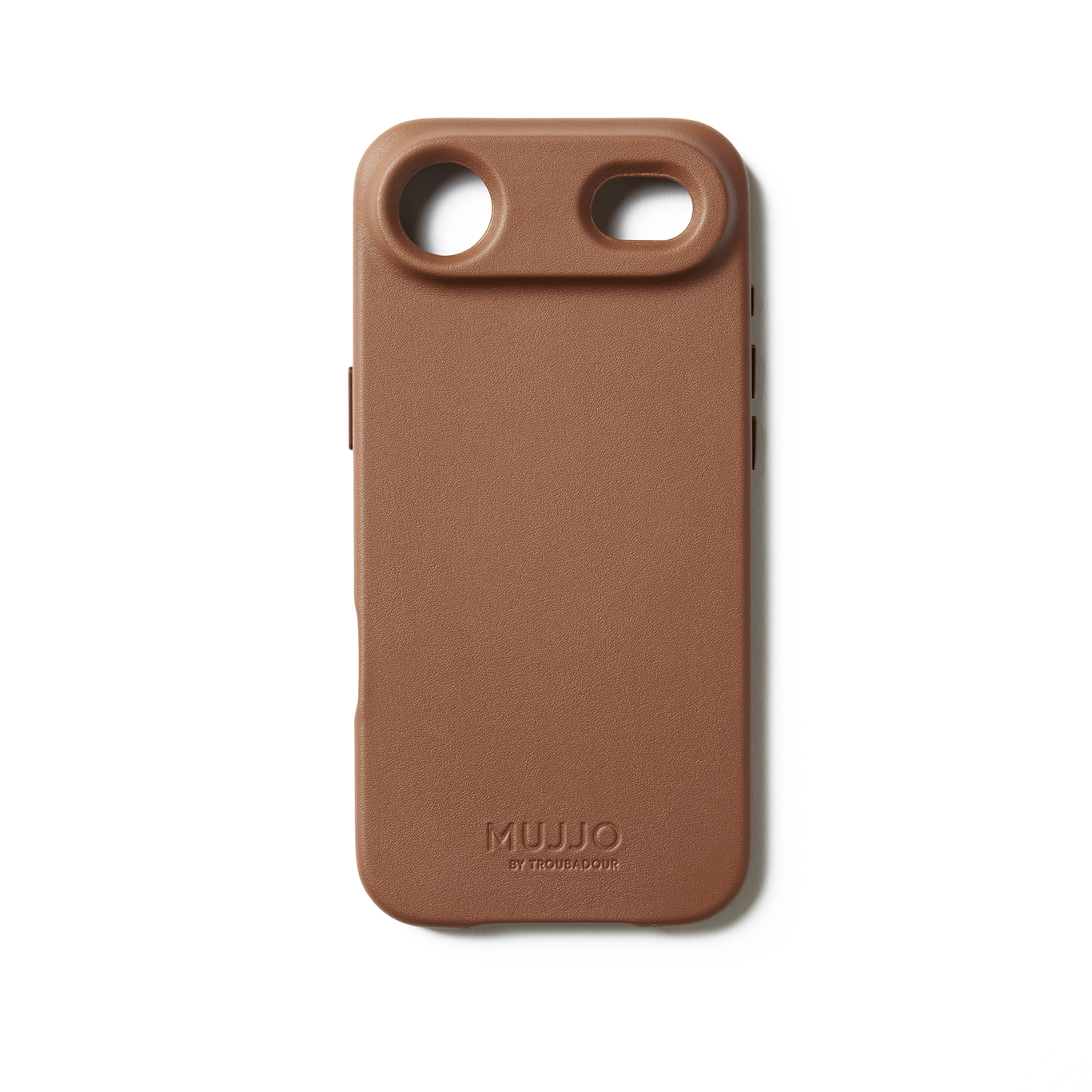 Brązowe etui na telefon z dwoma wycięciami na aparat i logo.