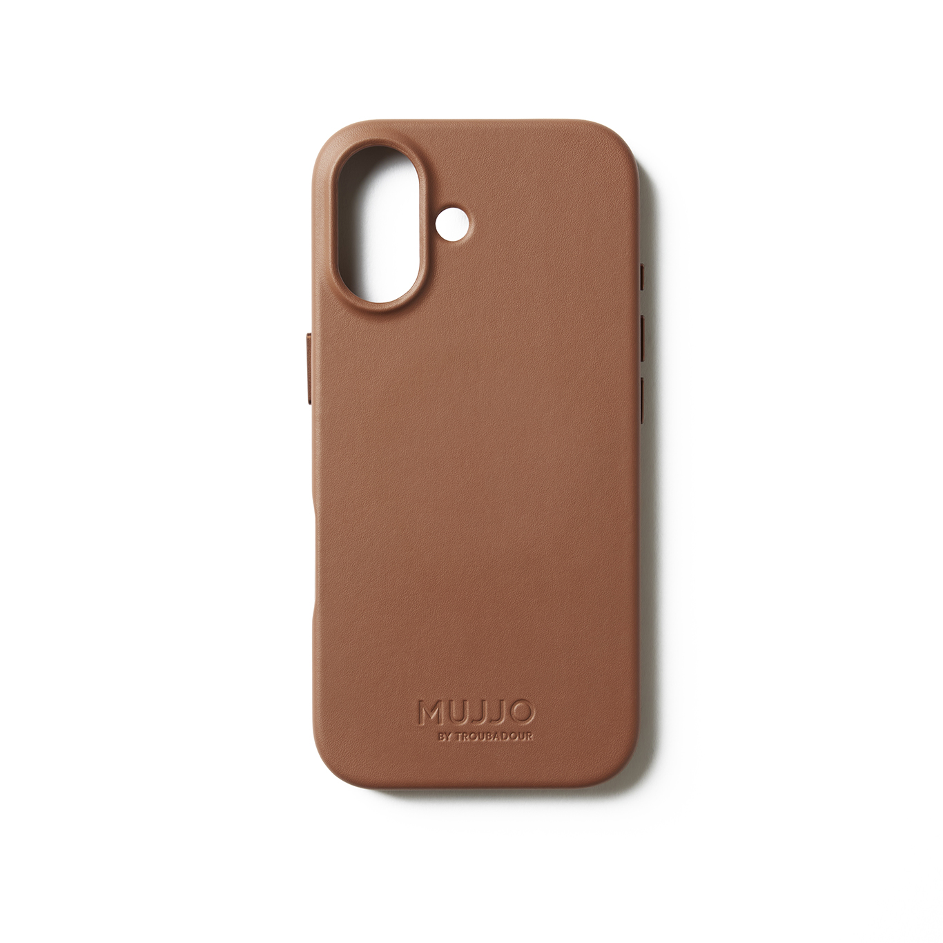 Brązowe etui na telefon z wycięciem na aparat i logo.