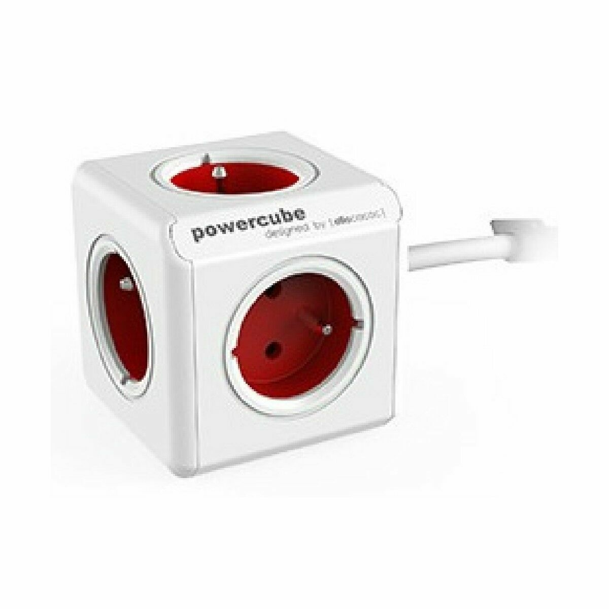 Biała kostka zasilająca z czerwonymi gniazdami i kablem.