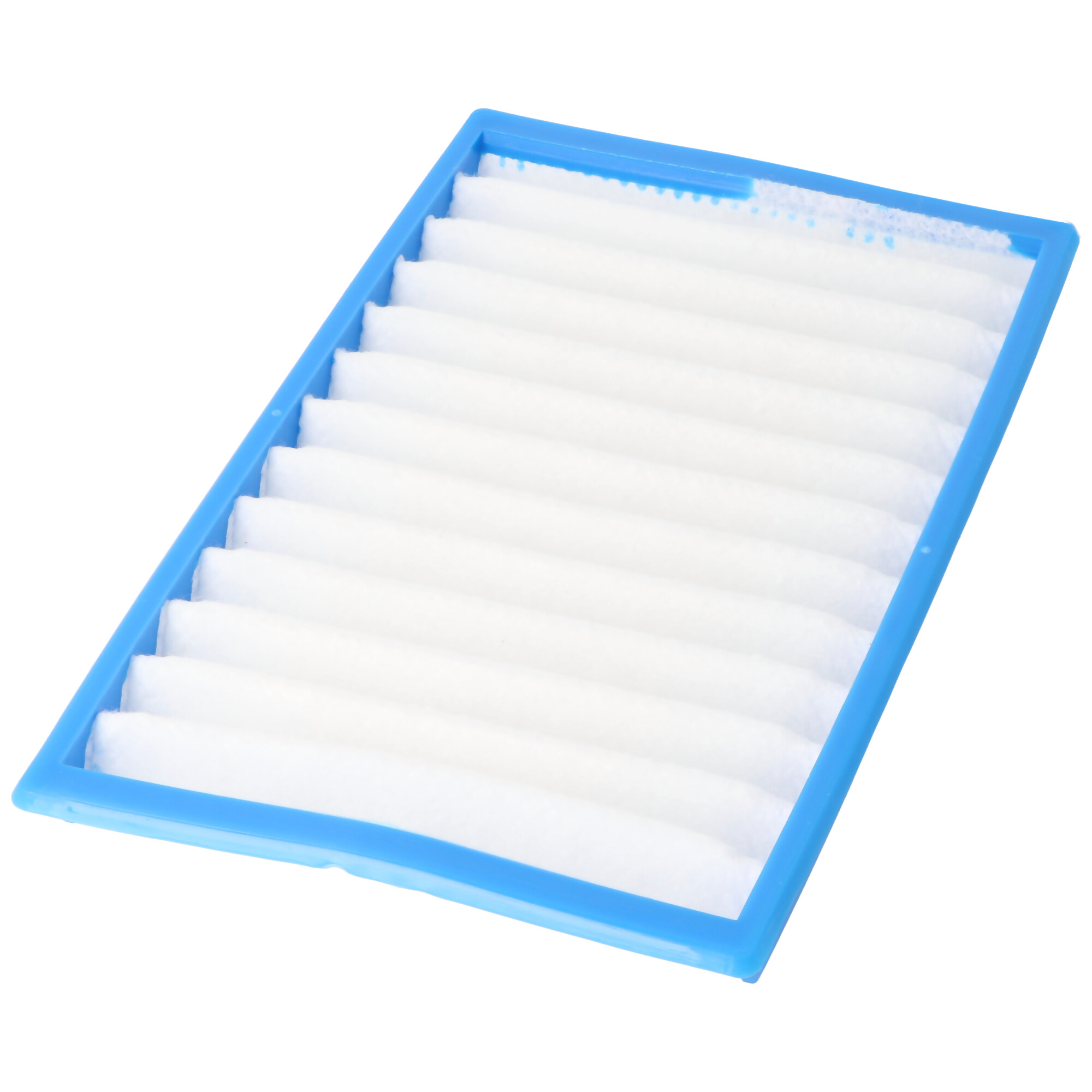 Un filtro aria bianco con cornice blu, su sfondo bianco.
