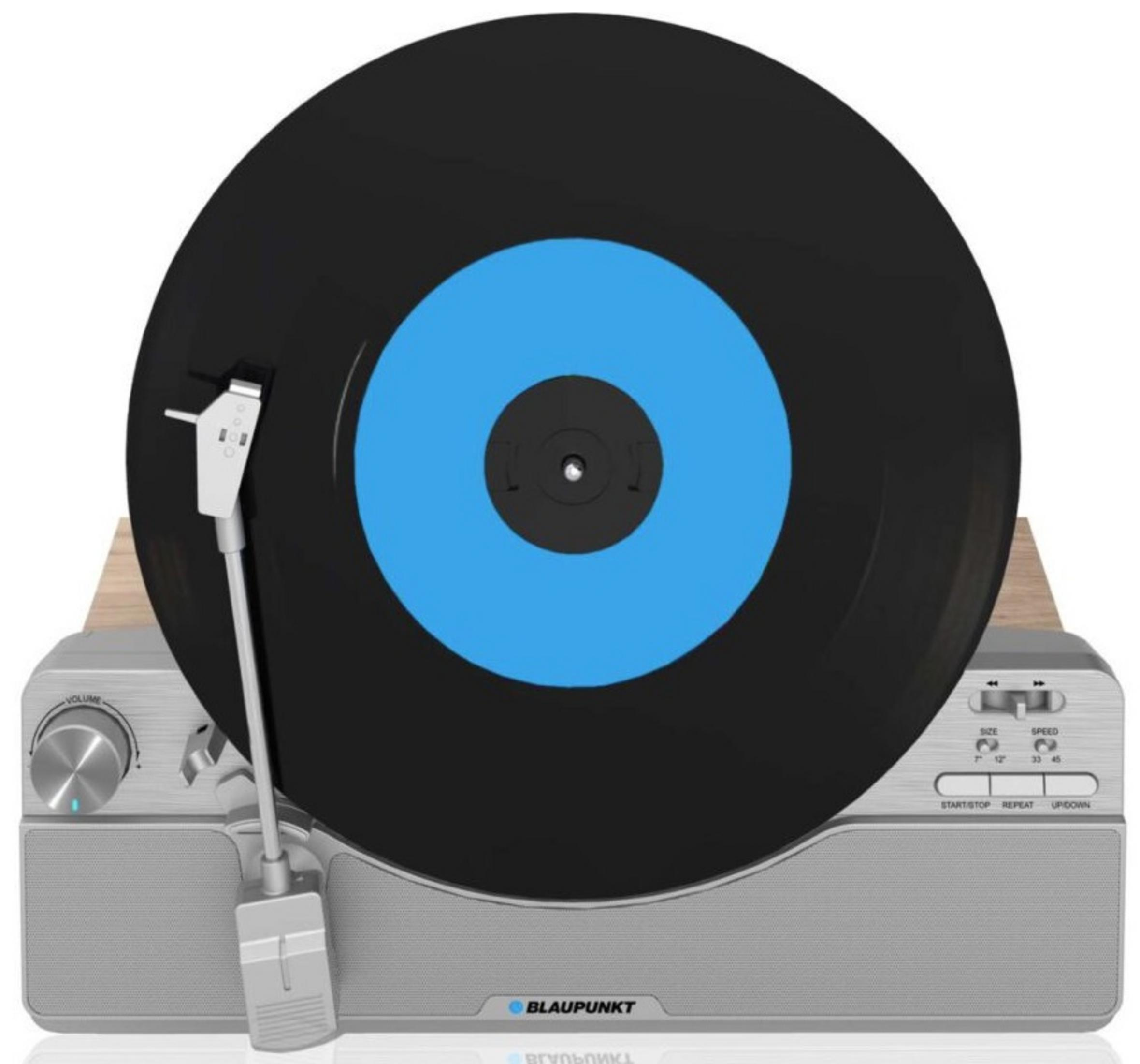 Un giradischi con un disco in vinile nero e centro blu.