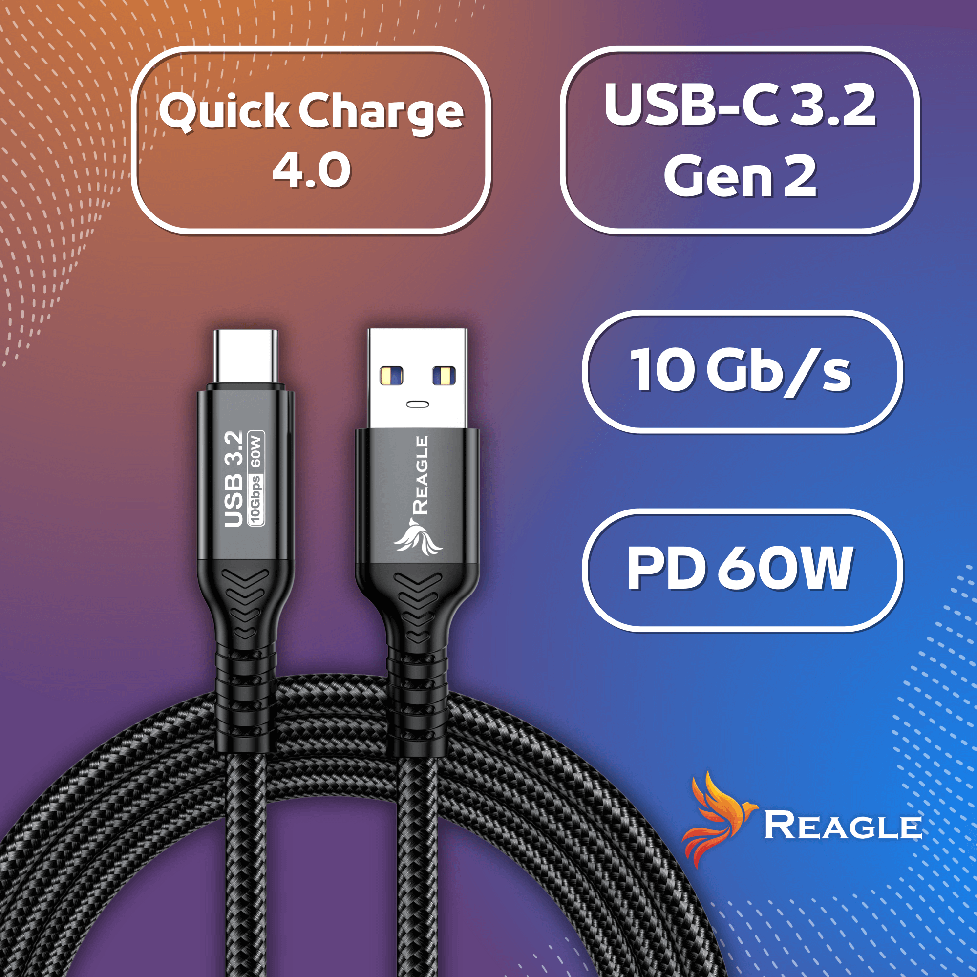 Kabel Reagle USB-C: Quick Charge 4.0, USB 3.2 Gen 2, 10Gb/s, PD 60W.