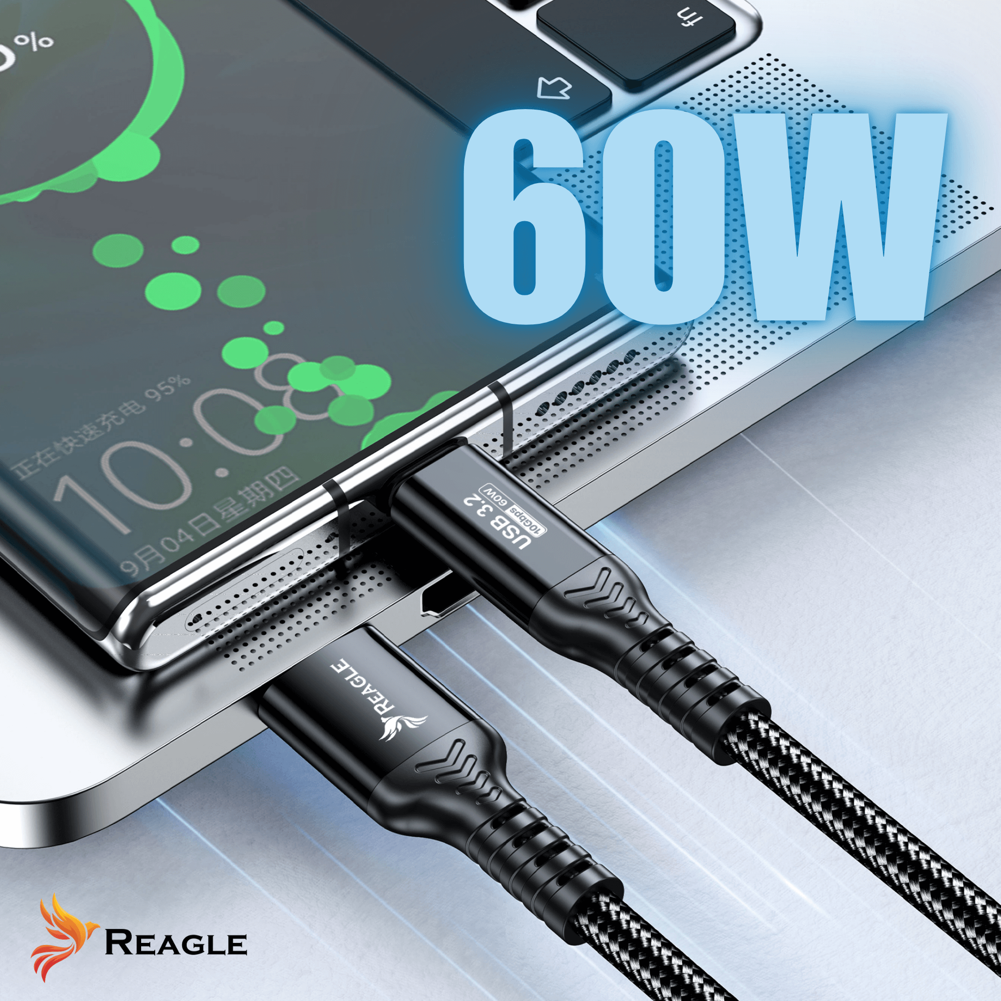 Kabel USB-C ładuje smartfon obok klawiatury. 60W.