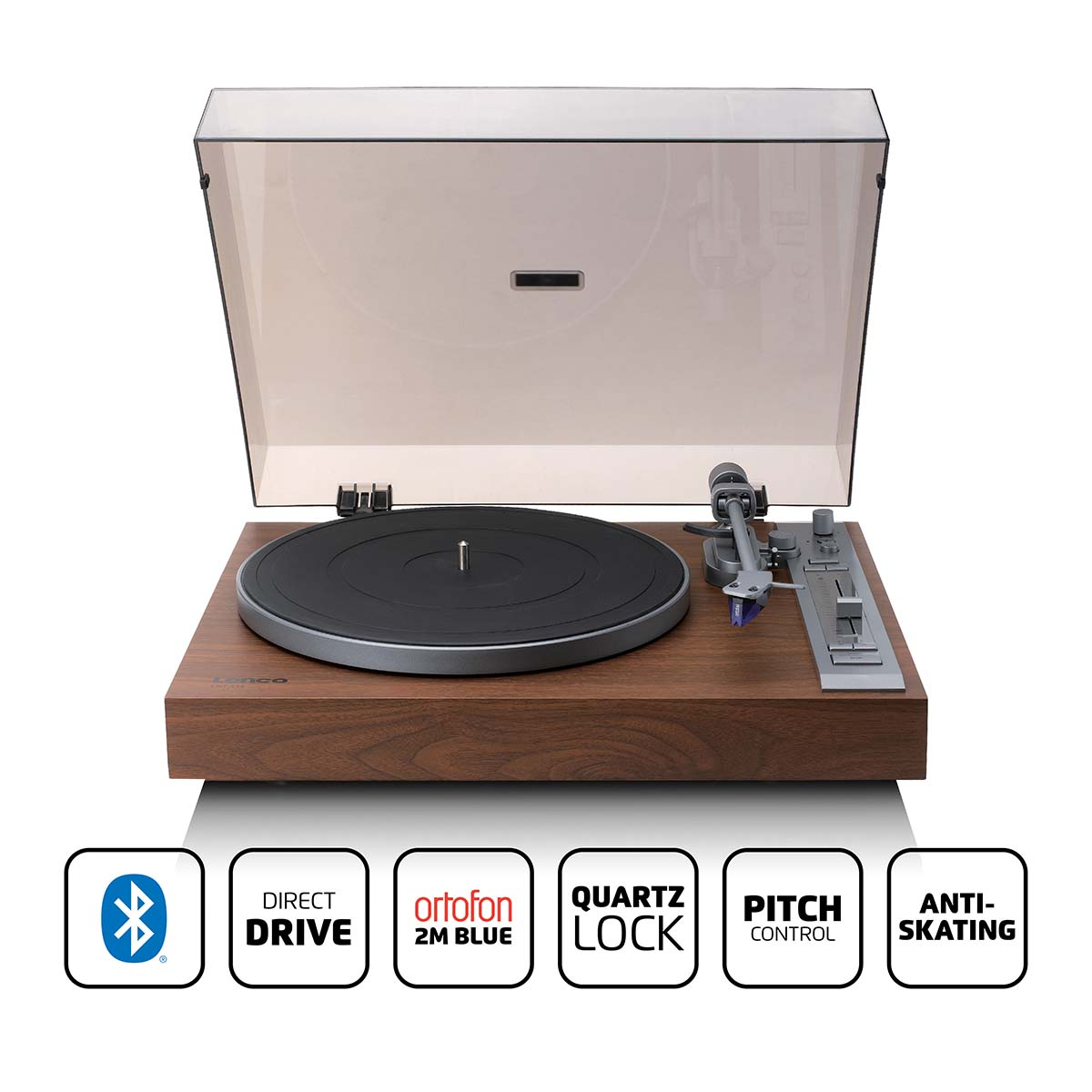 Wooden turntable with open lid, tonearm, and four icons.