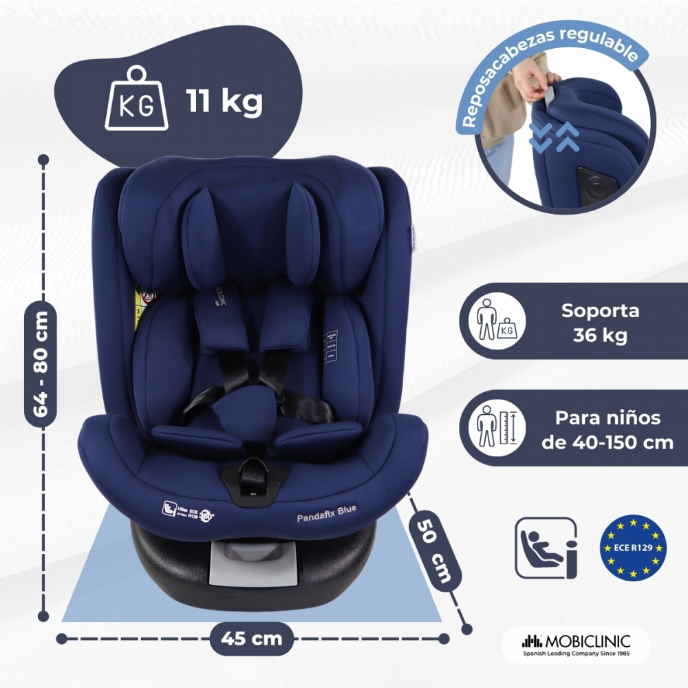 Asiento de coche azul oscuro con reposacabezas ajustable, 64-80 cm alto.
