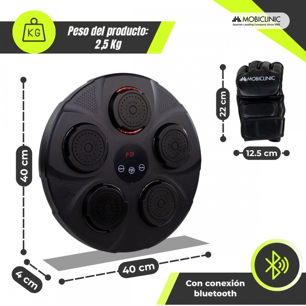Dispositivo de entrenamiento redondo negro con 5 pads, guantes, medidas y símbolo Bluetooth.