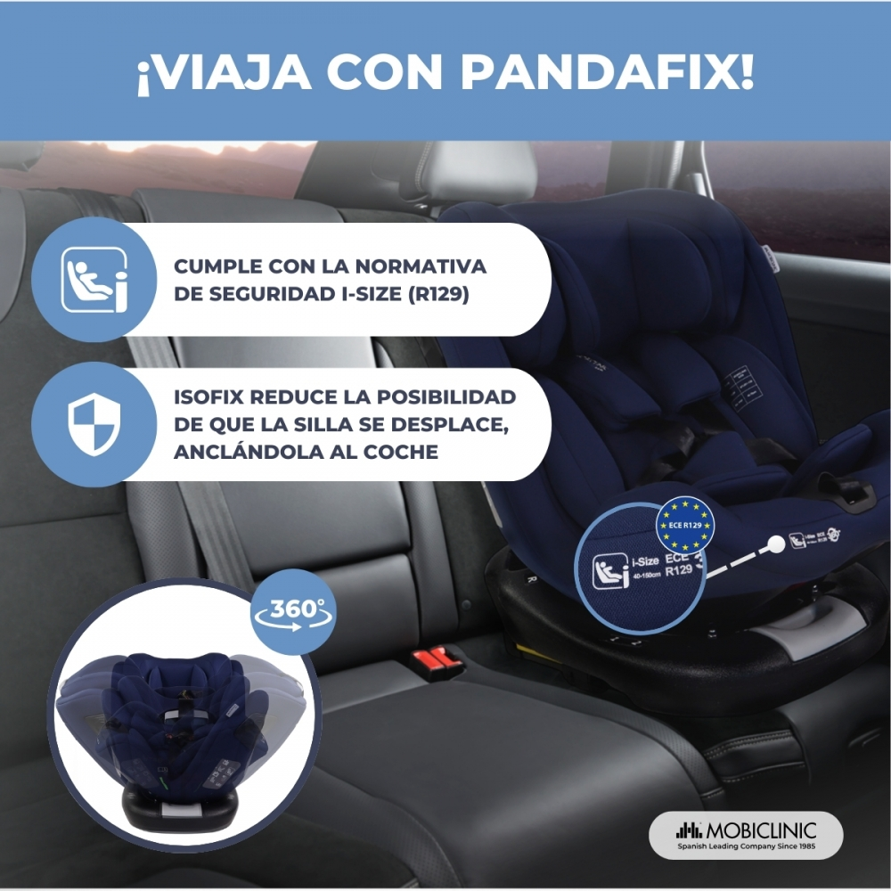 Un asiento de coche azul oscuro en un coche, con texto e iconos.