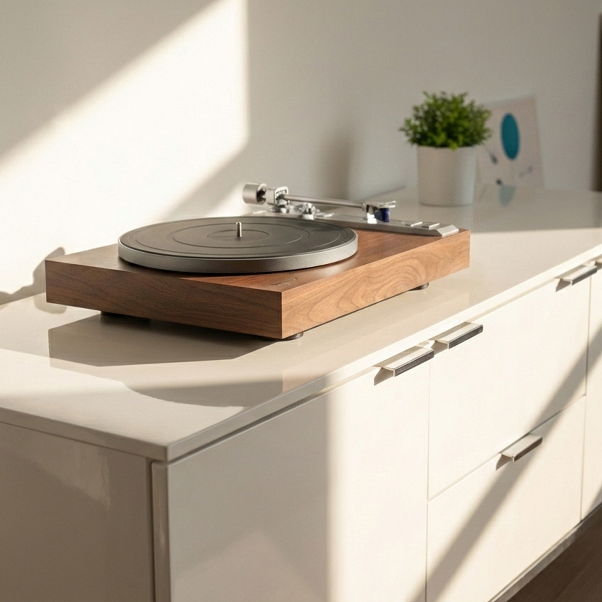 A wooden turntable sits atop a white cabinet with drawer pulls.