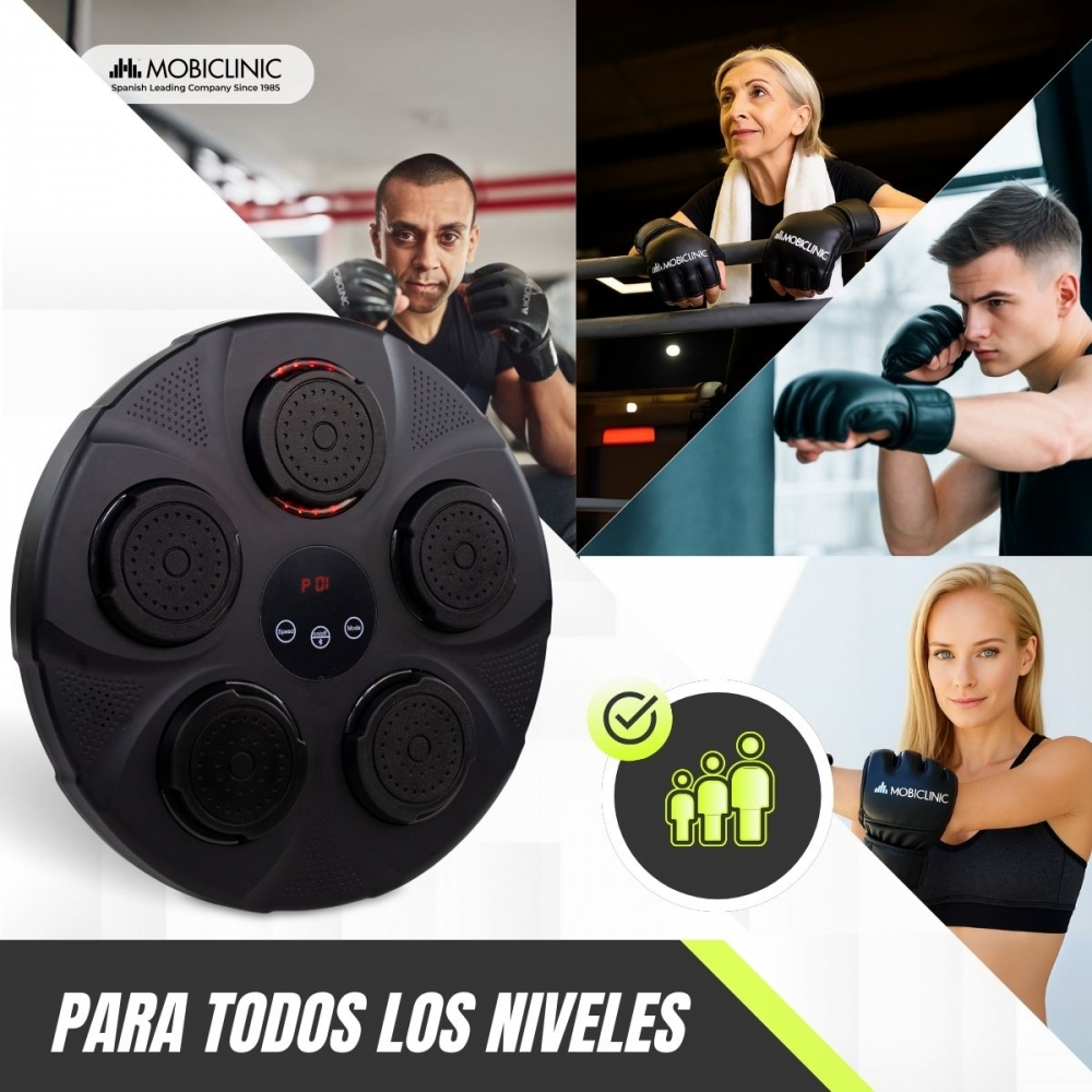 Un aparato de entrenamiento y tres boxeadores en acción. Texto: Para todos los niveles.