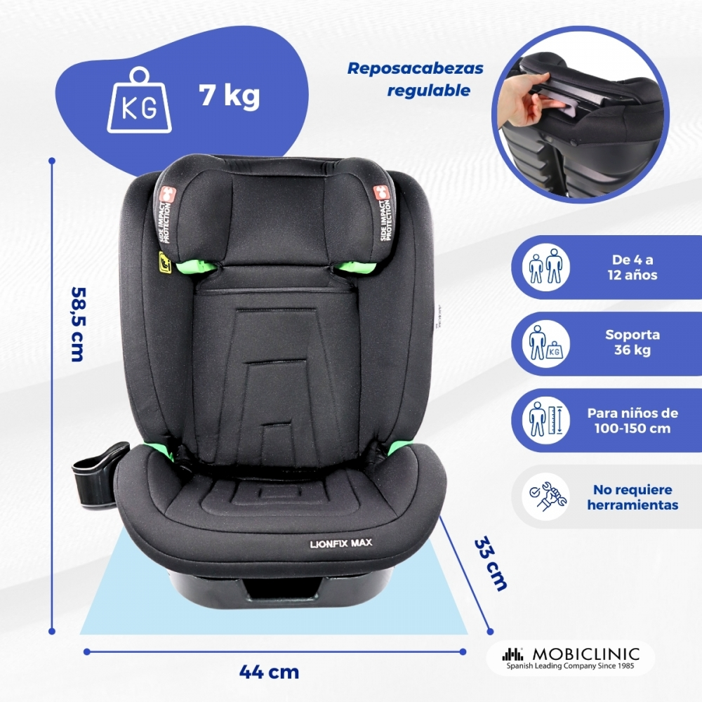Asiento de coche negro con detalles verdes, 7kg, 58.5cm alto, 44cm ancho.