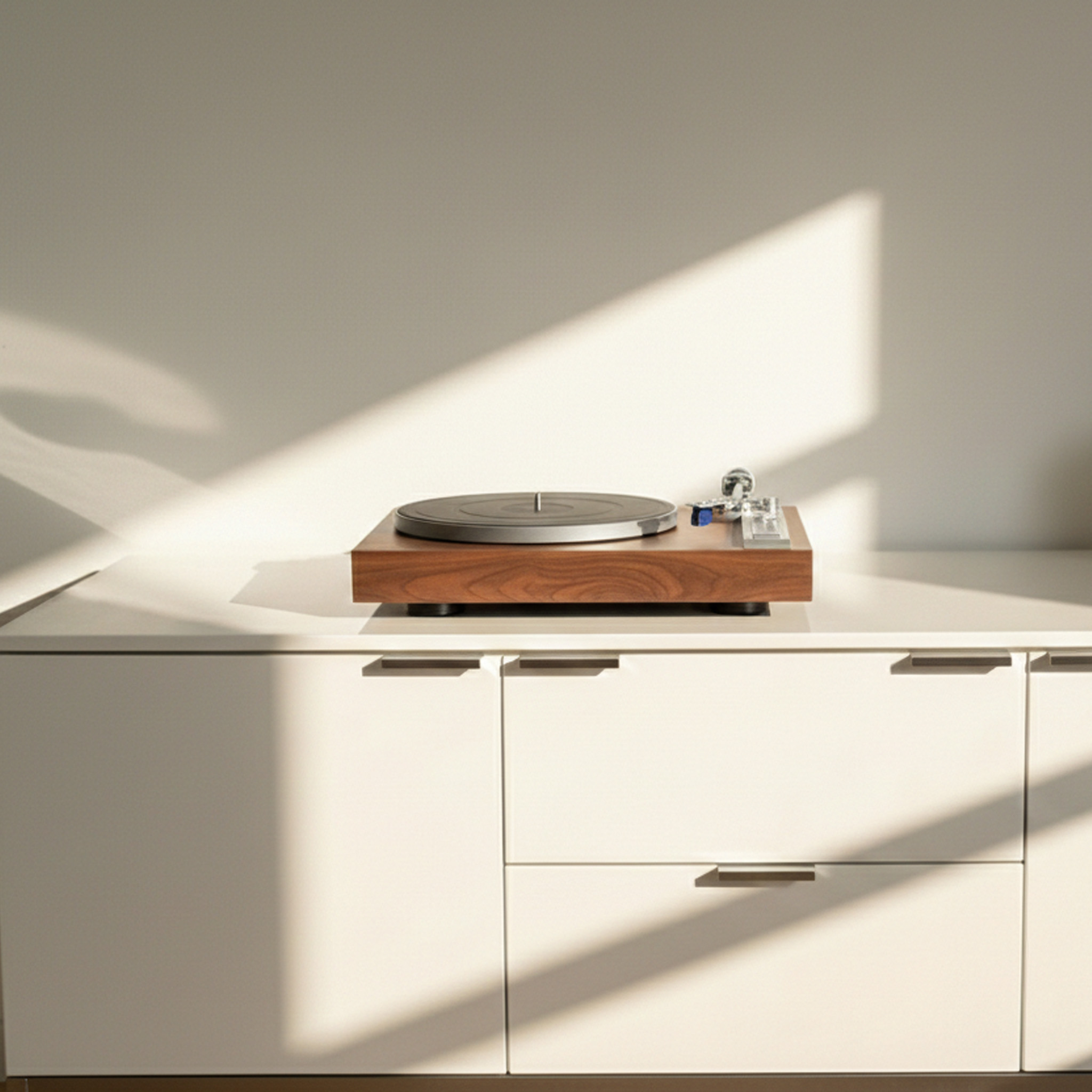 A wooden turntable sits on a white cabinet, illuminated by sunlight.