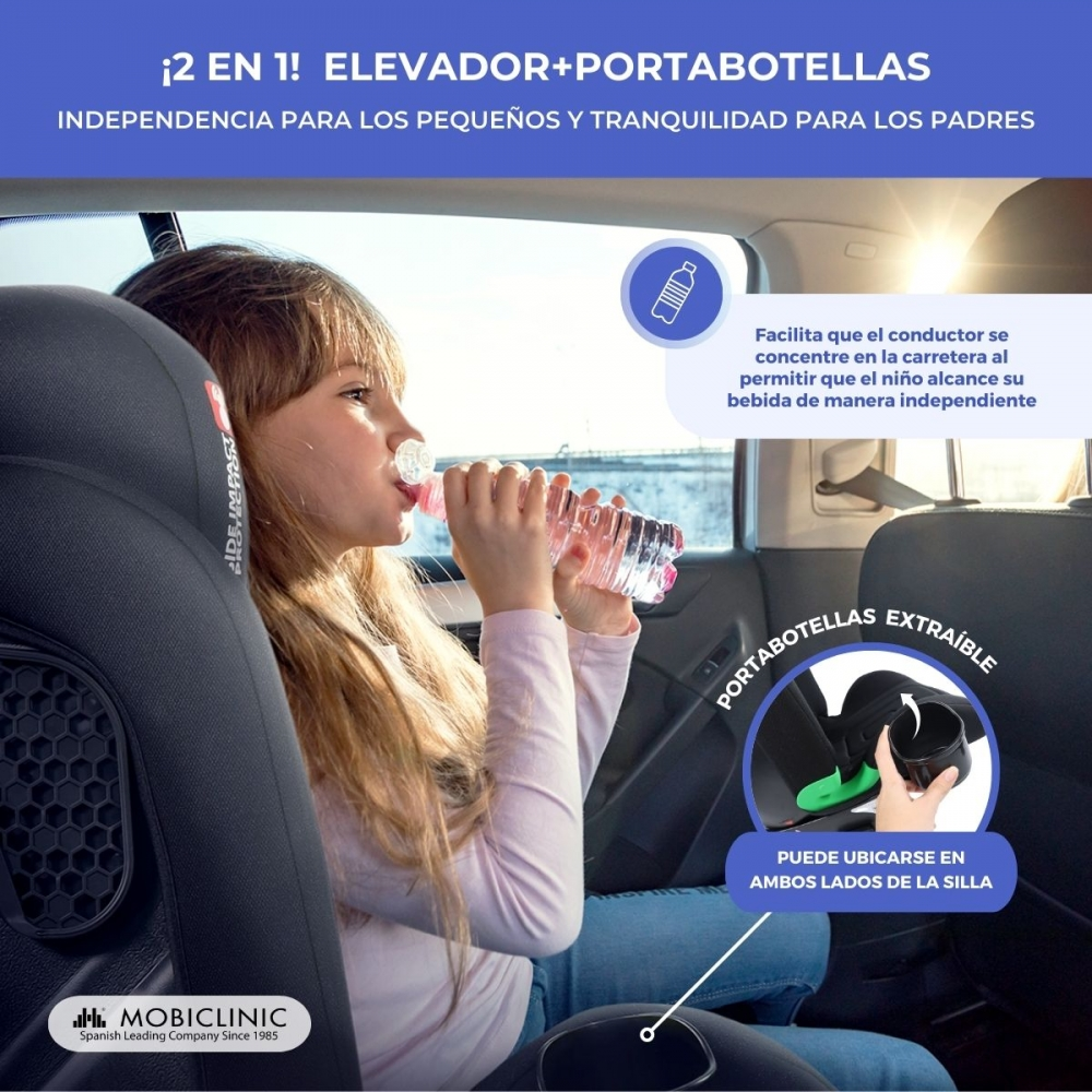 Niña bebe de botella en coche, silla de coche con portabotellas.