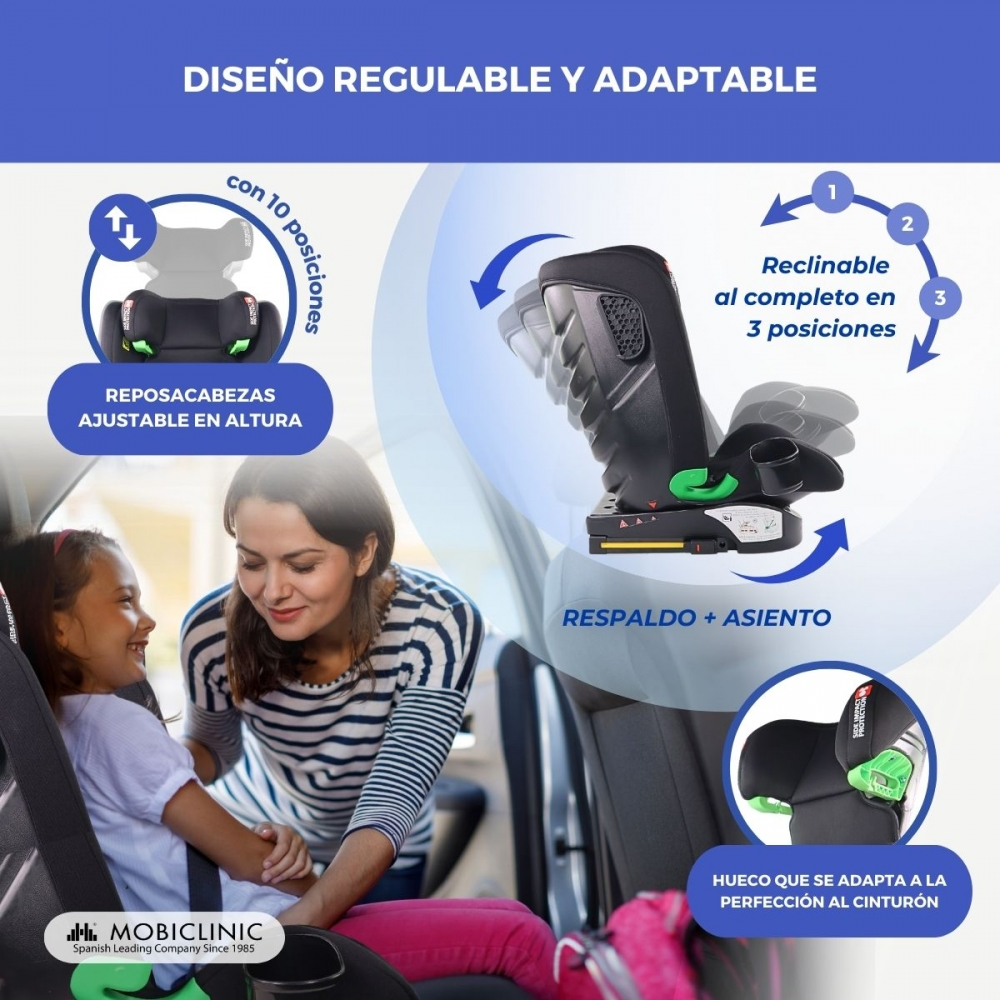 Silla de coche infantil con reposacabezas ajustable y reclinable.