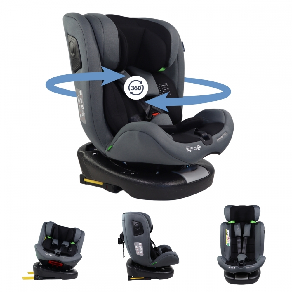 Asiento de coche gris para niños con indicador de rotación 360.