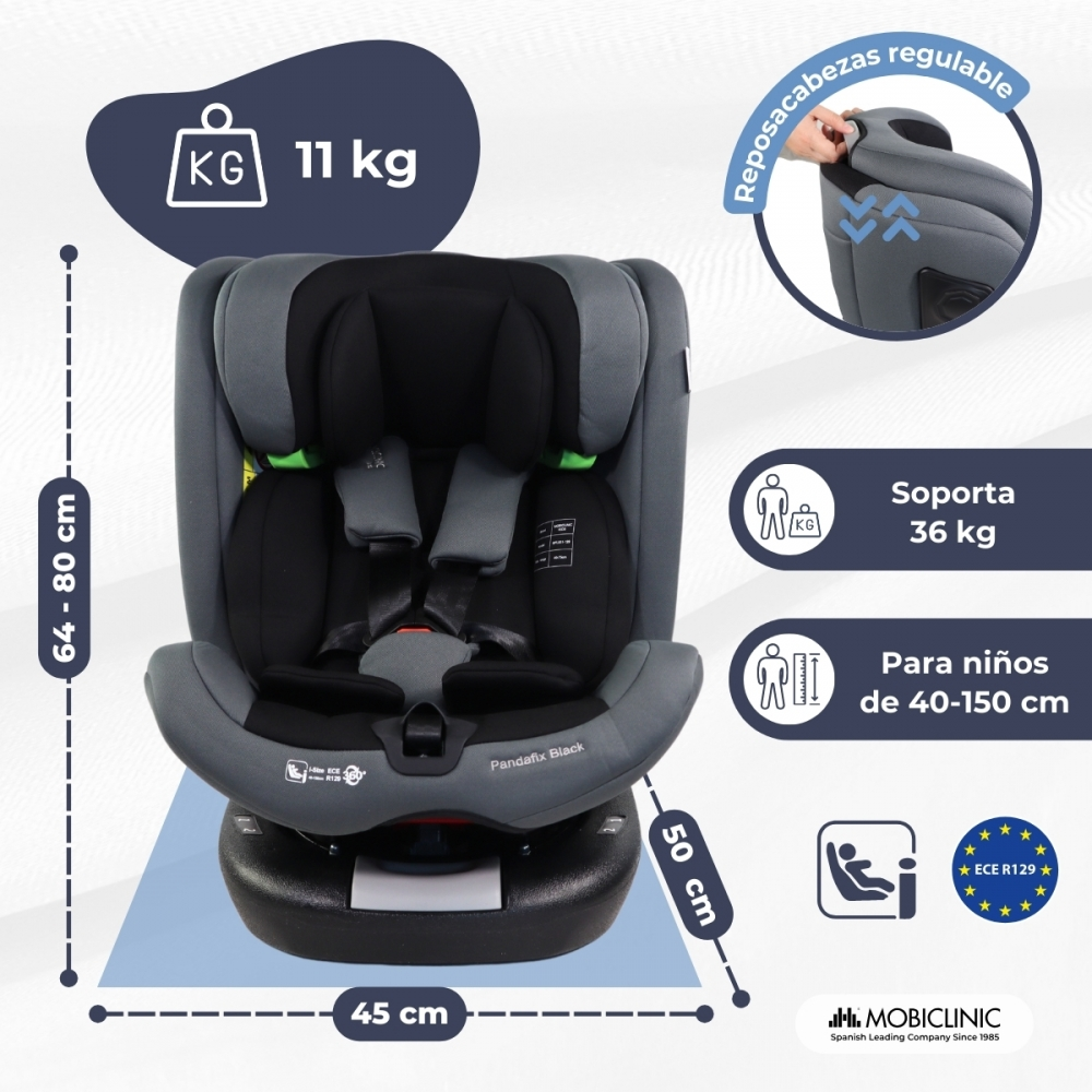 Silla de coche gris con medidas 64-80cm, 45cm, 50cm. Soporta 11kg y 36kg.