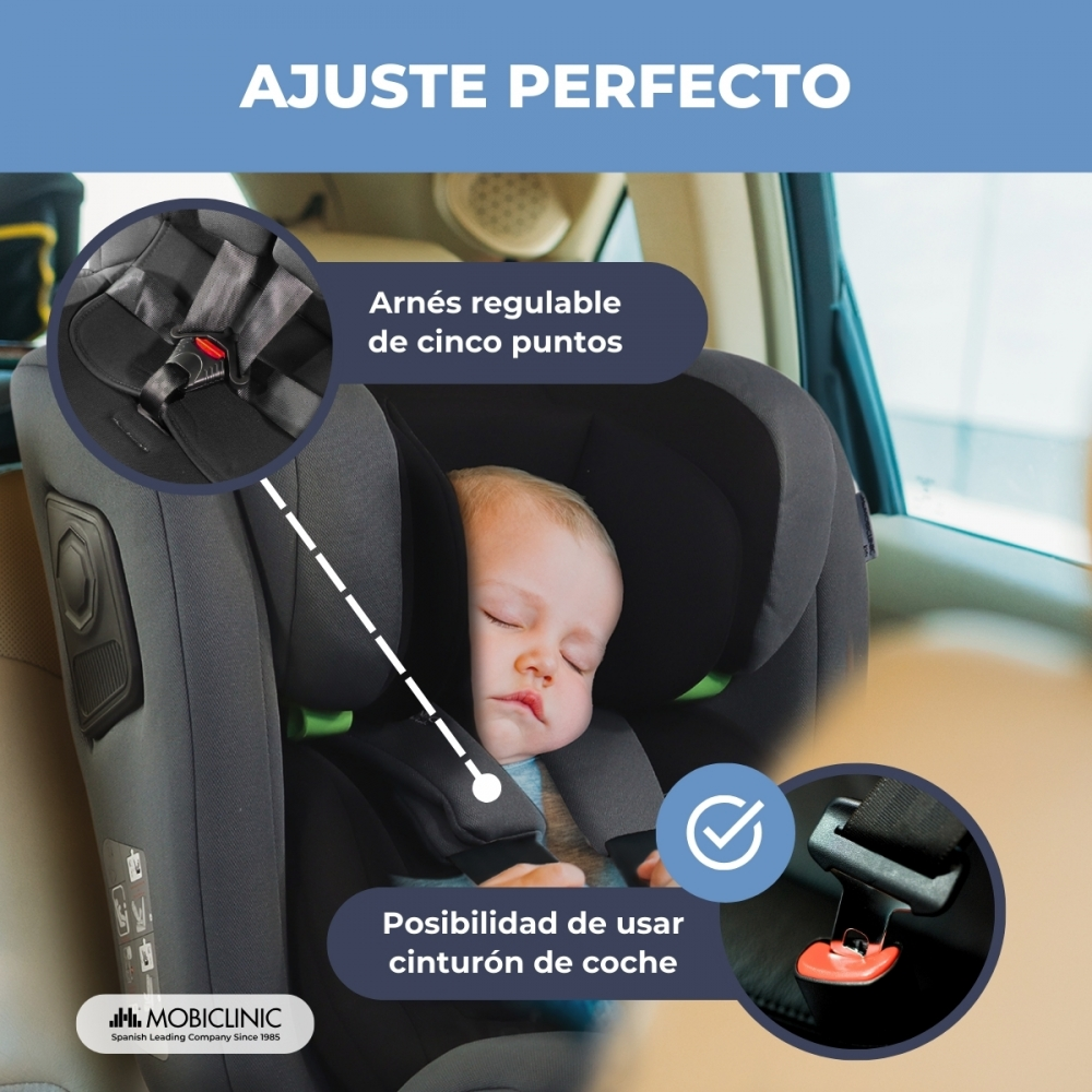 Bebé durmiendo en silla de coche con arnés de 5 puntos y opción de cinturón.