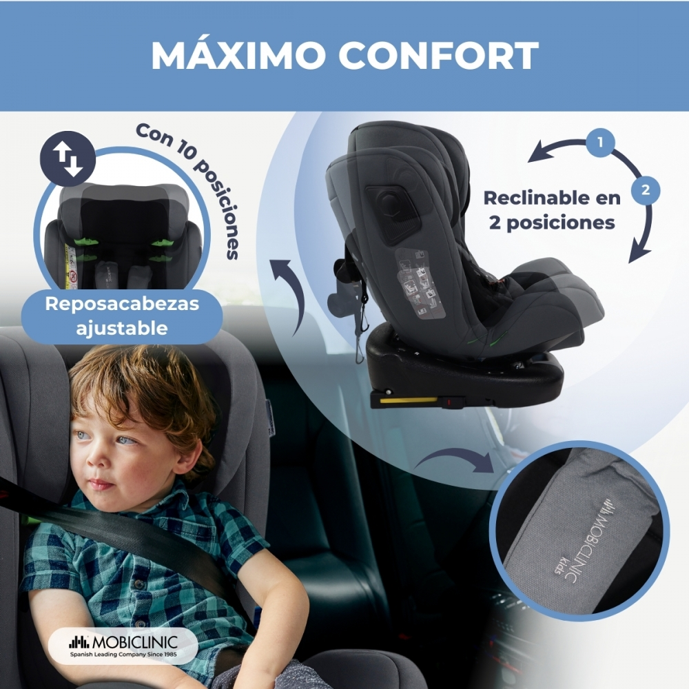 Silla de coche con reposacabezas ajustable y 2 reclinaciones, junto a un niño.