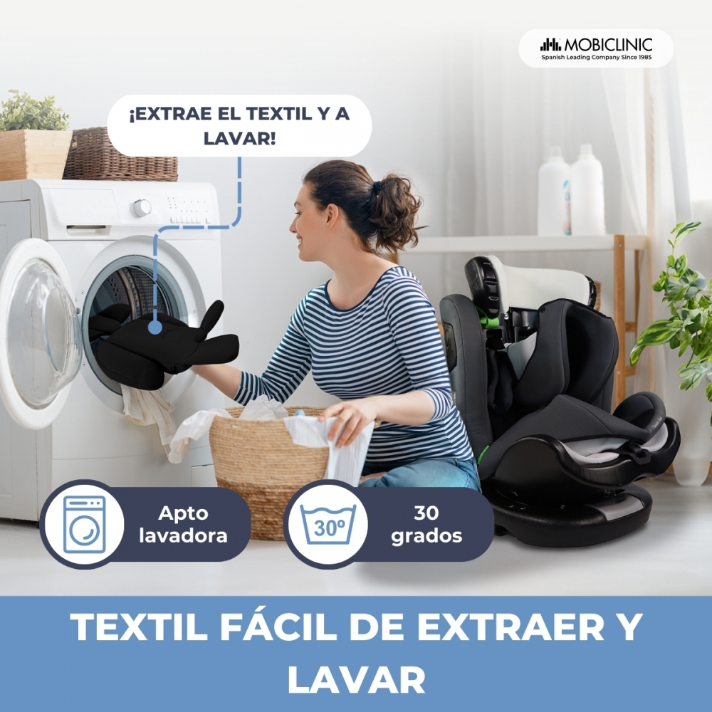Mujer con lavadora, silla de coche y cesta de ropa.