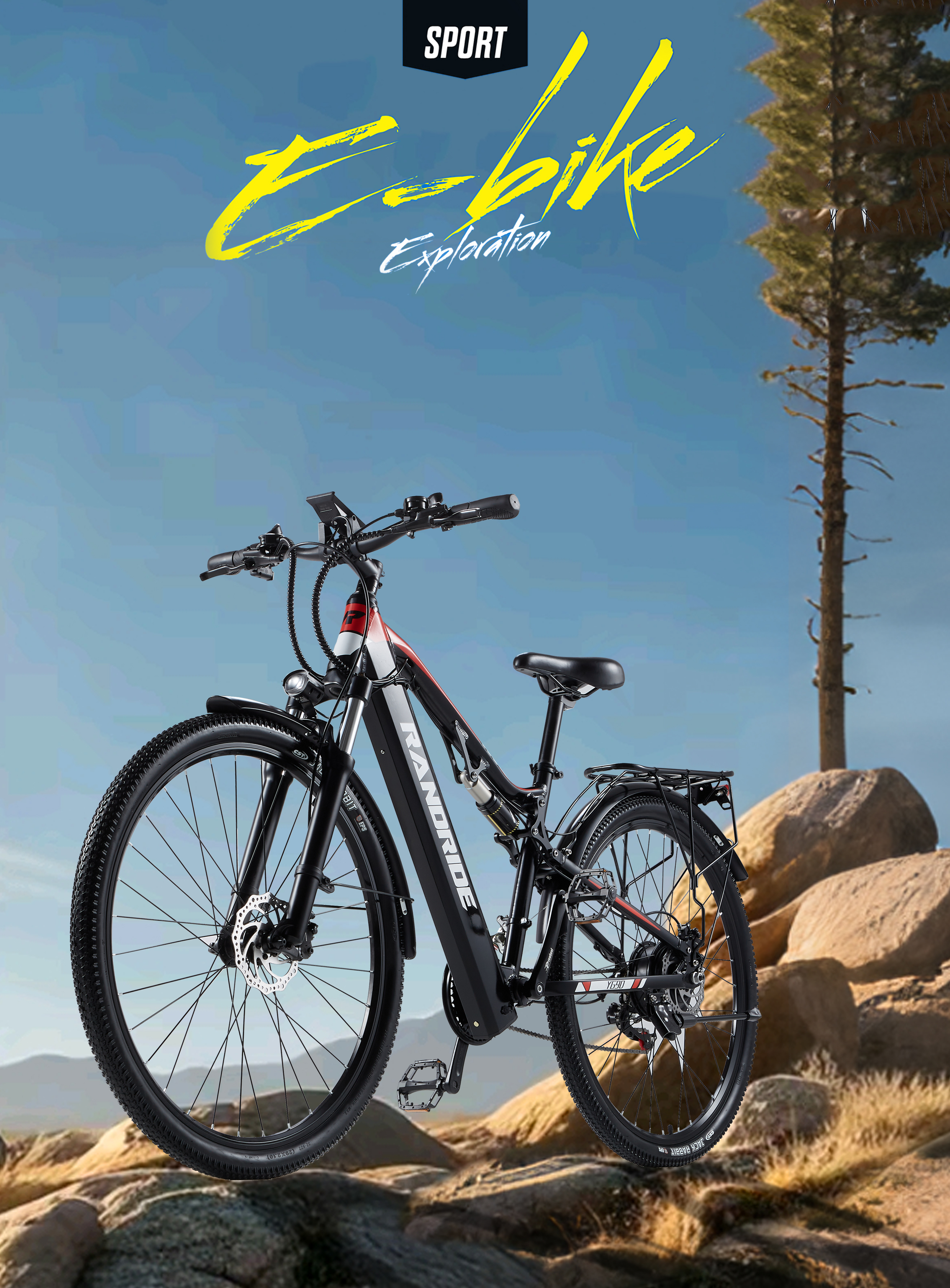 Una bicicleta eléctrica negra sobre terreno rocoso con cielo azul.
