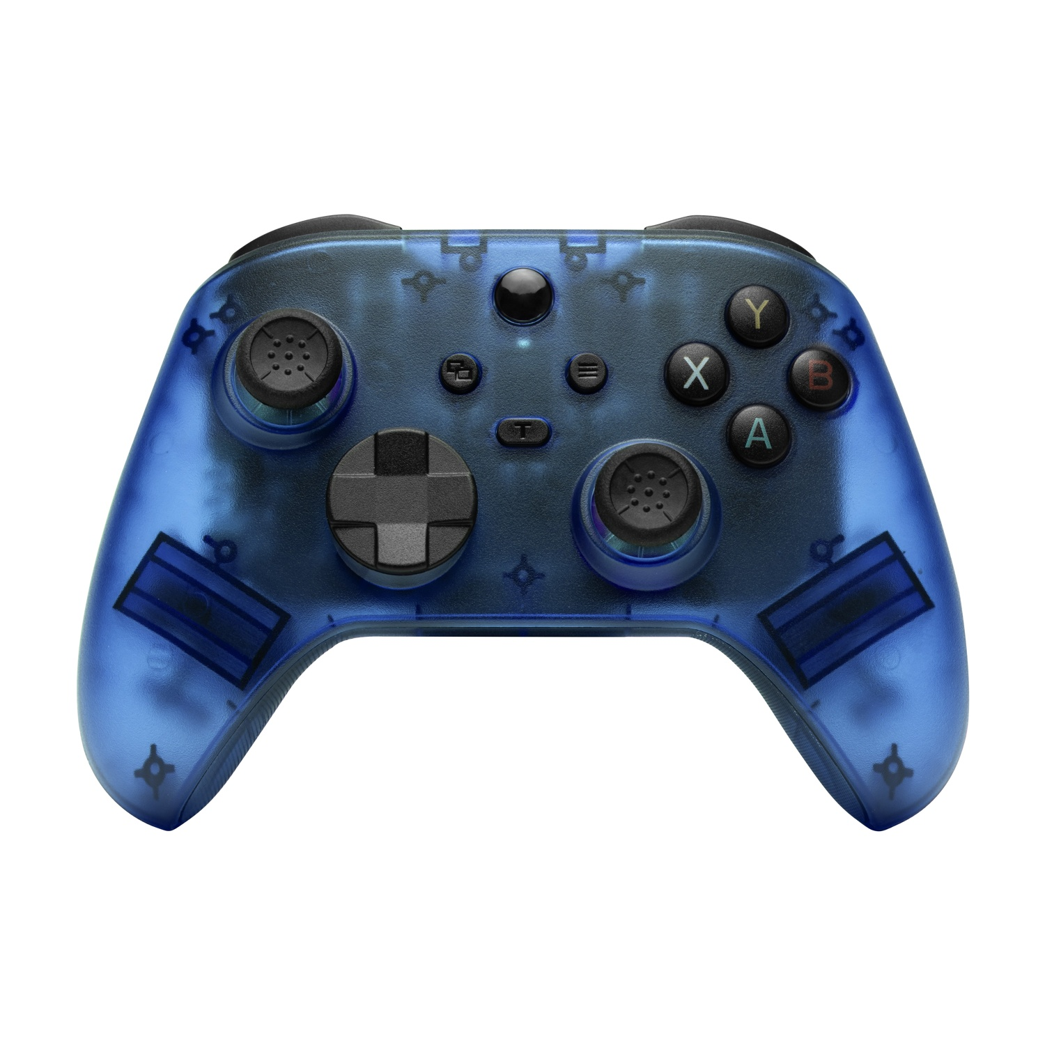 Een transparante blauwe gamecontroller met zwarte knoppen en joysticks.