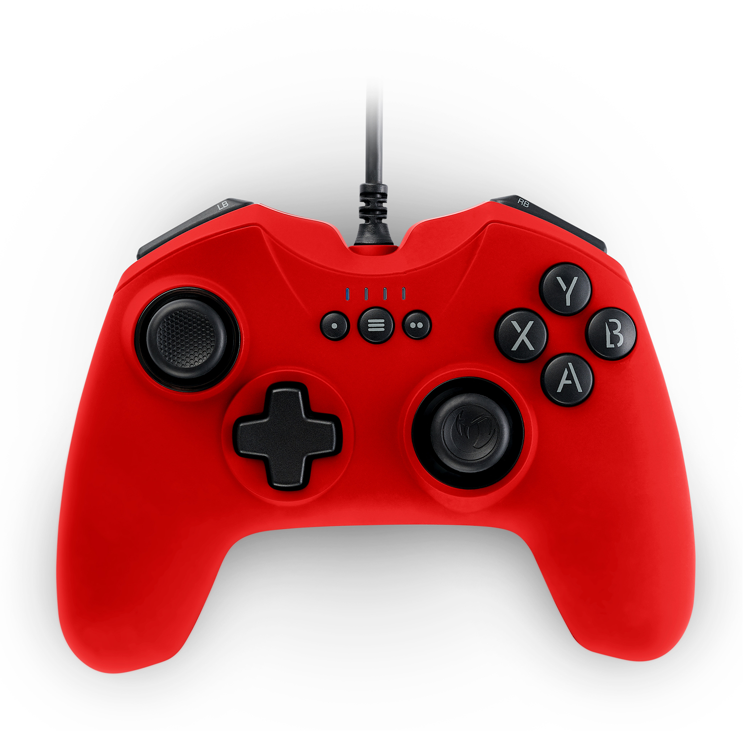 Een rode gamecontroller met zwarte knoppen en een draad.