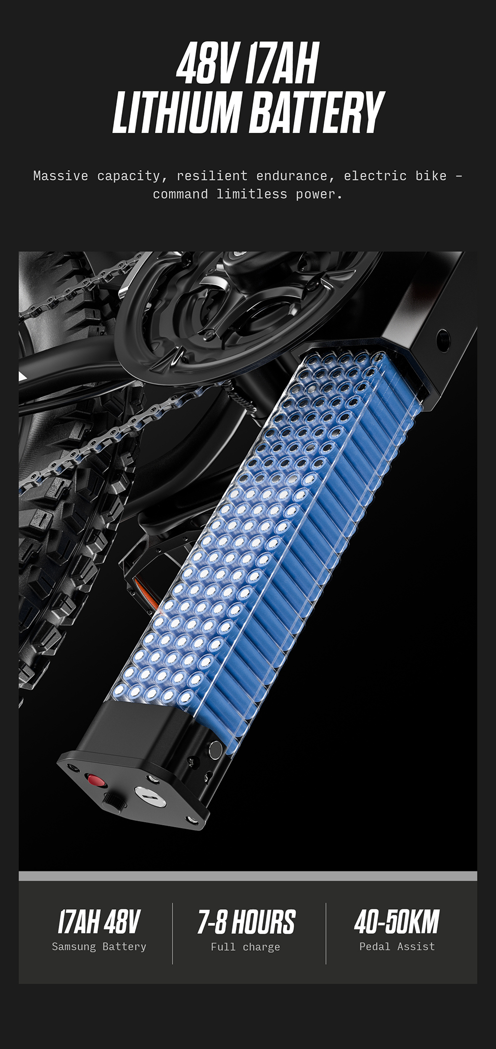 Una batería de litio de 48V y 17Ah para e-bikes, con muchas celdas.