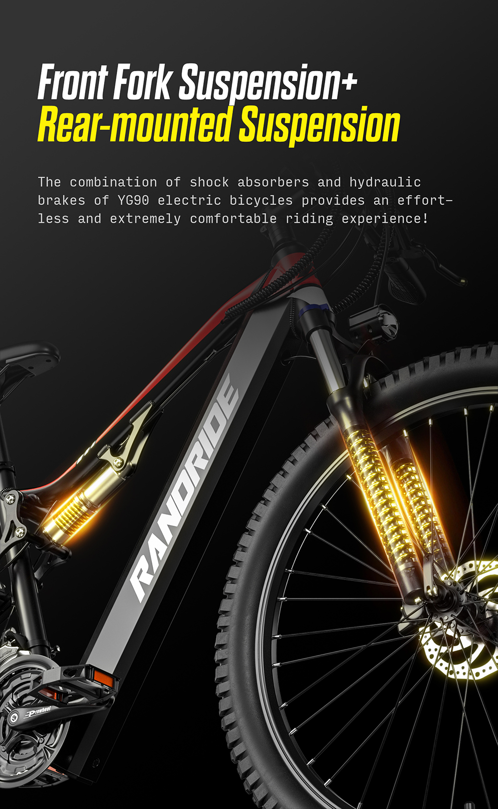 Una bicicleta eléctrica negra con suspensión delantera y trasera. Elementos dorados visibles.