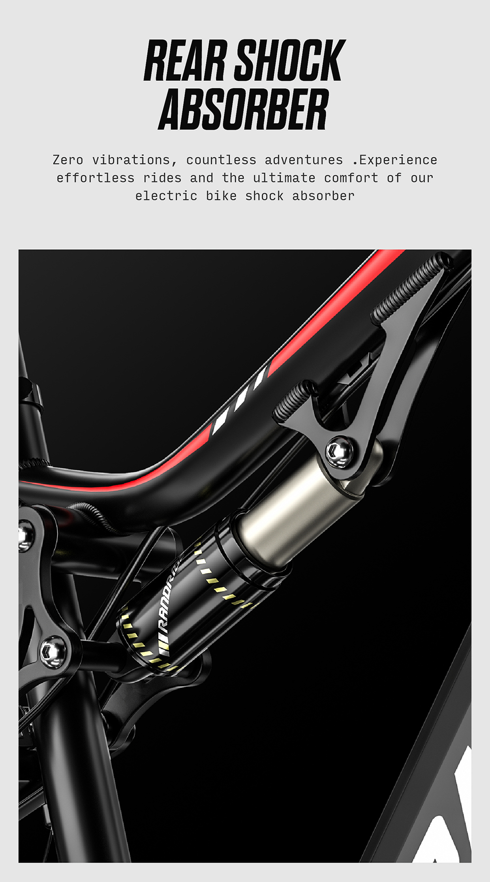 Primer plano de un cuadro de bicicleta negro con un amortiguador plateado y negro.