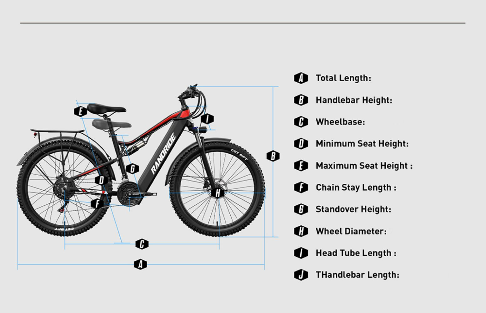 Una bicicleta eléctrica negra y roja con líneas de dimensión y etiquetas.