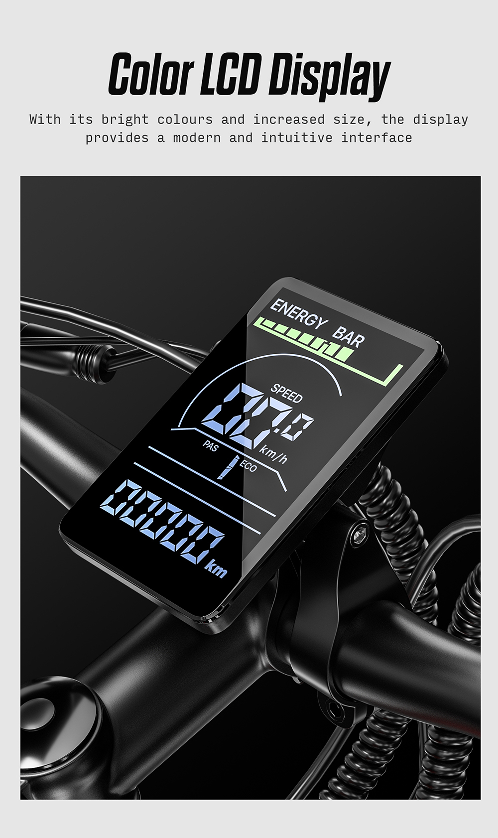 La pantalla de una bicicleta muestra velocidad, energía y odómetro.