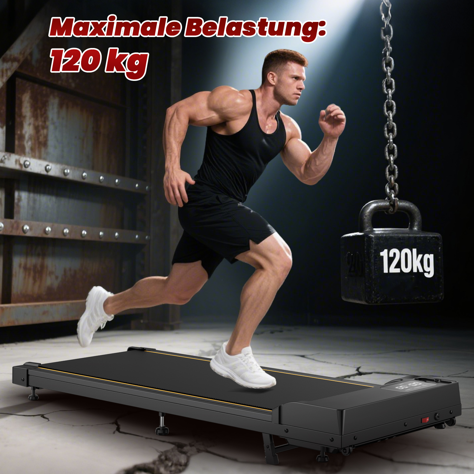 Ein muskulöser Mann läuft auf einem Laufband, eine 120kg-Gewicht hängt daneben.