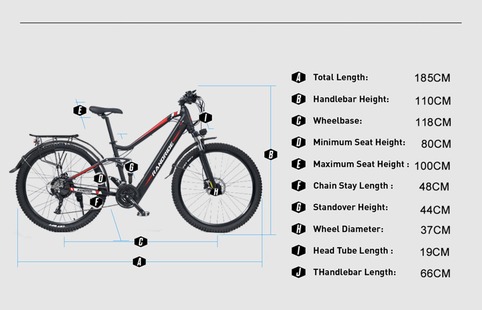 Una bicicleta negra con detalles rojos, se indican las dimensiones.